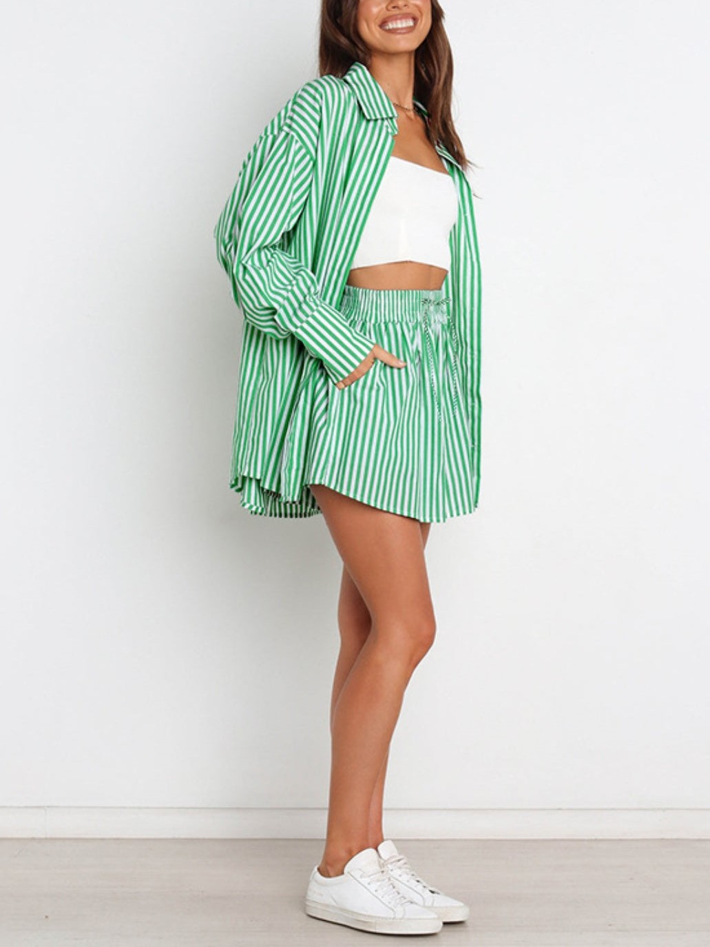 HOT SALE Striped Dropped Shoulder Shirt and Shorts Set
