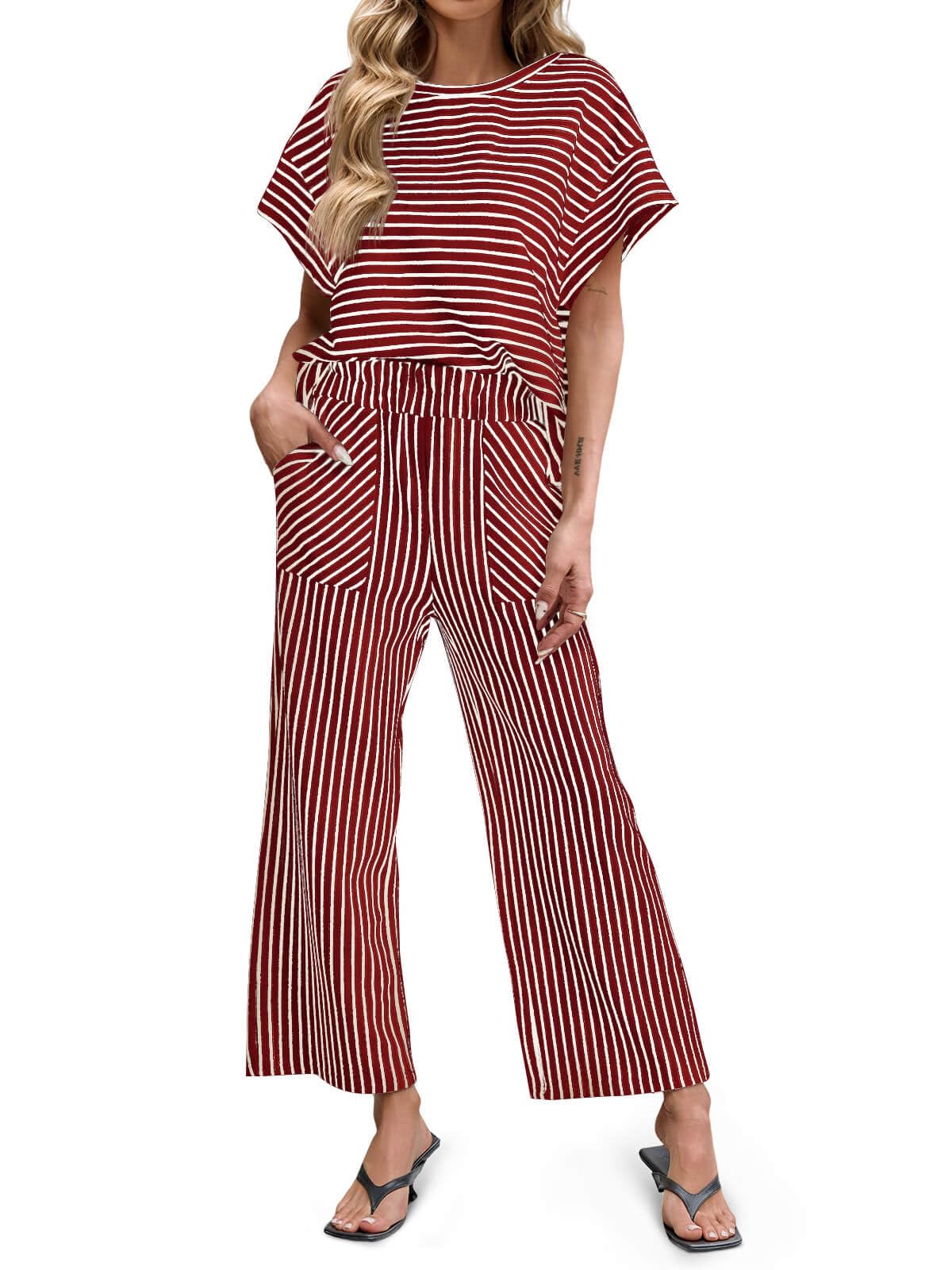 Women's Striped Short Sleeve Wide Leg Pants 2 Piece Sets with Pockets