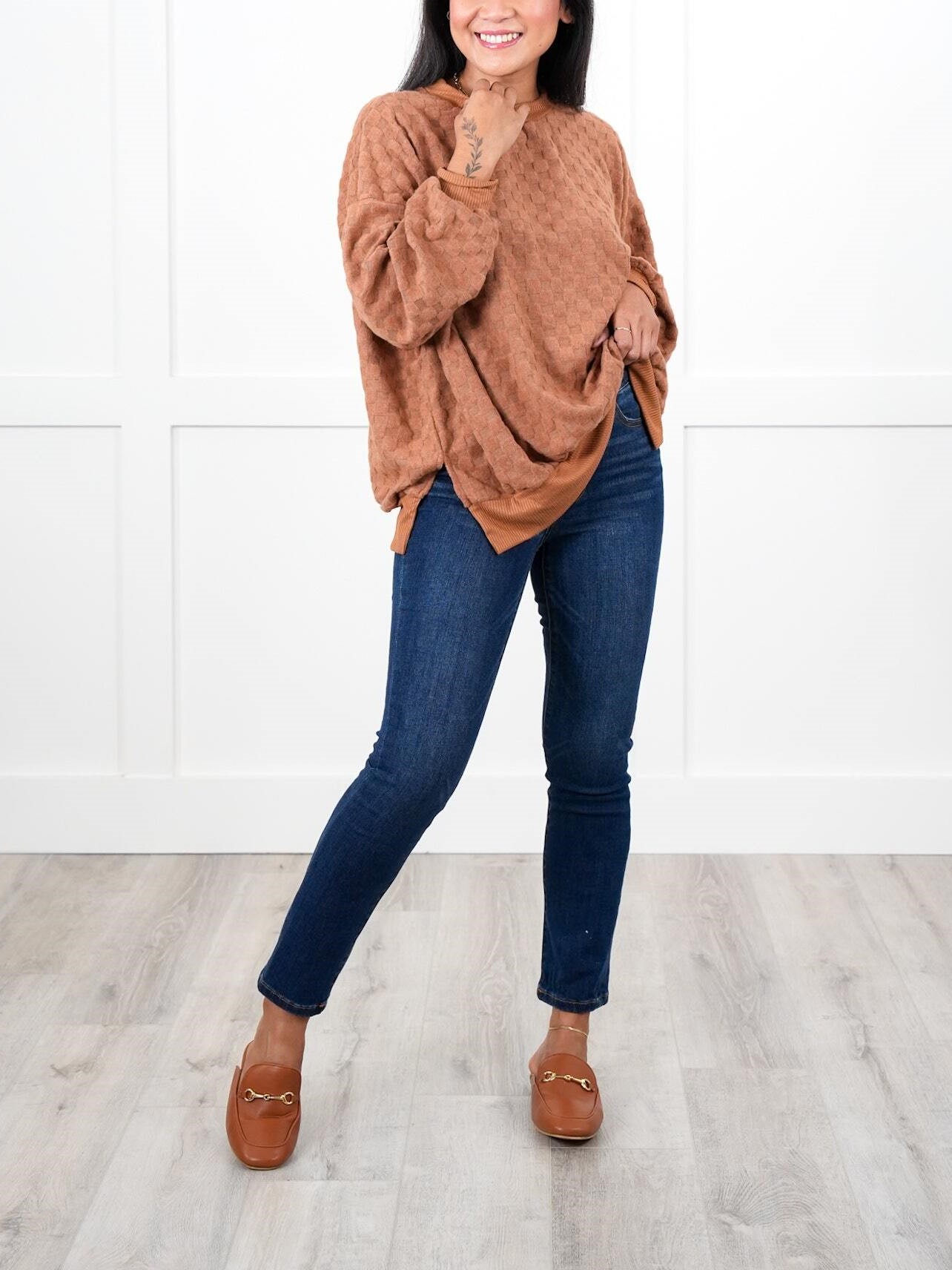 Oversized Textured Round Neck Dolman Sleeve Side Slits Top