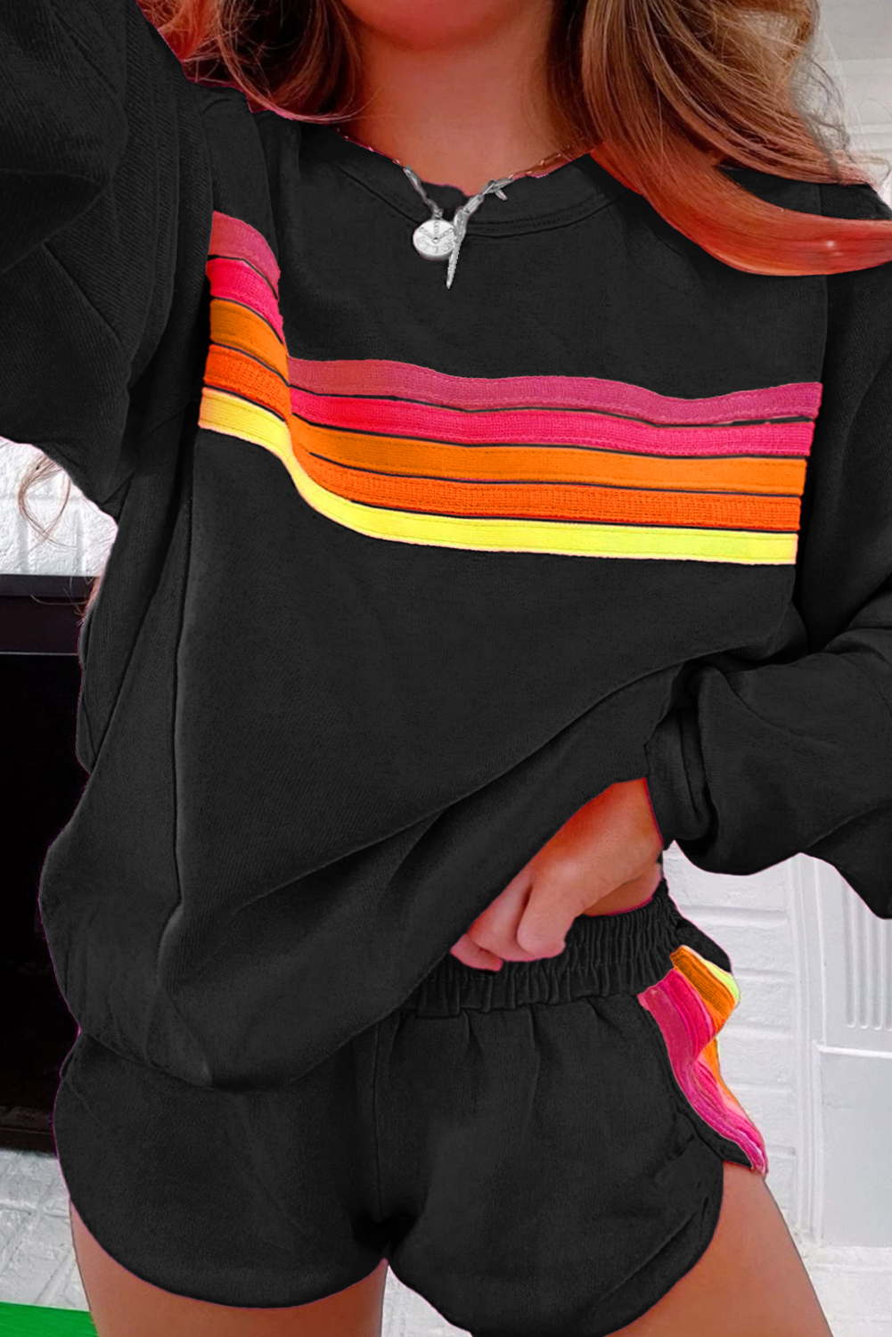 Women's Striped Oversized Sweatshirt Shorts Two-Piece Set