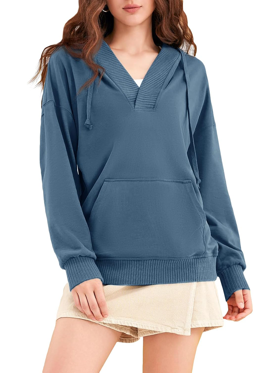 Women‘’s Casual Oversized V Neck Drawsting Hooded Sweatshirts