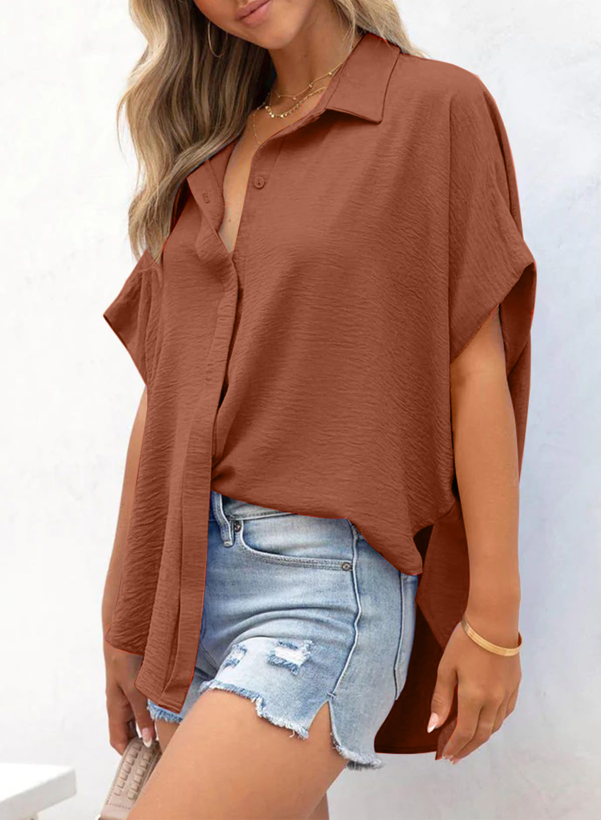 Women's Casual Button Short Sleeve Slit Hem Shirt Solid Color Tops(BUY 3 FREE SHIPPING)