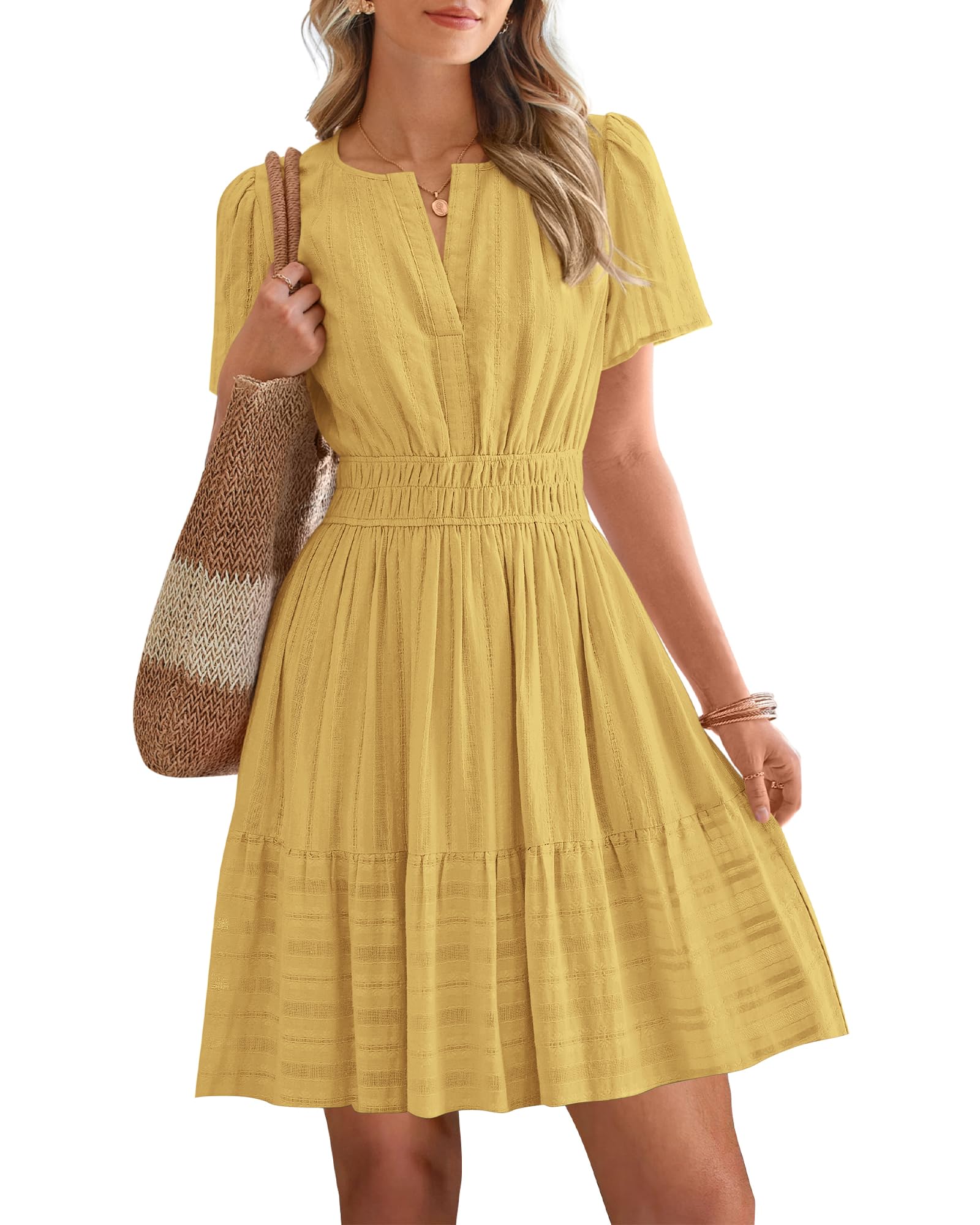 Women's Lightweight Short Sleeve V Neck Elastic Waist Mini Dress