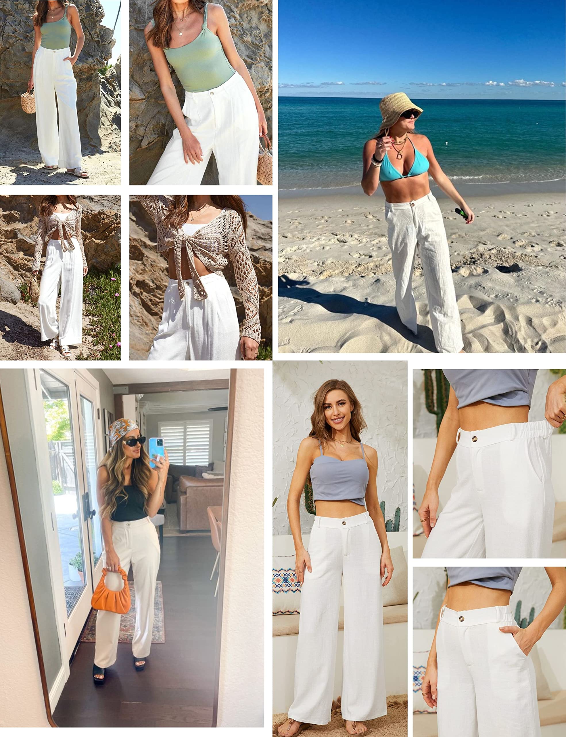 Women's Cotton Linen Casual Button Up Wide Leg Pants