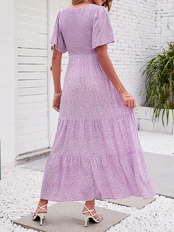 Women's Casual Floral Print Short Flutter Sleeve Smocked High Waist Flowy Maxi Dress