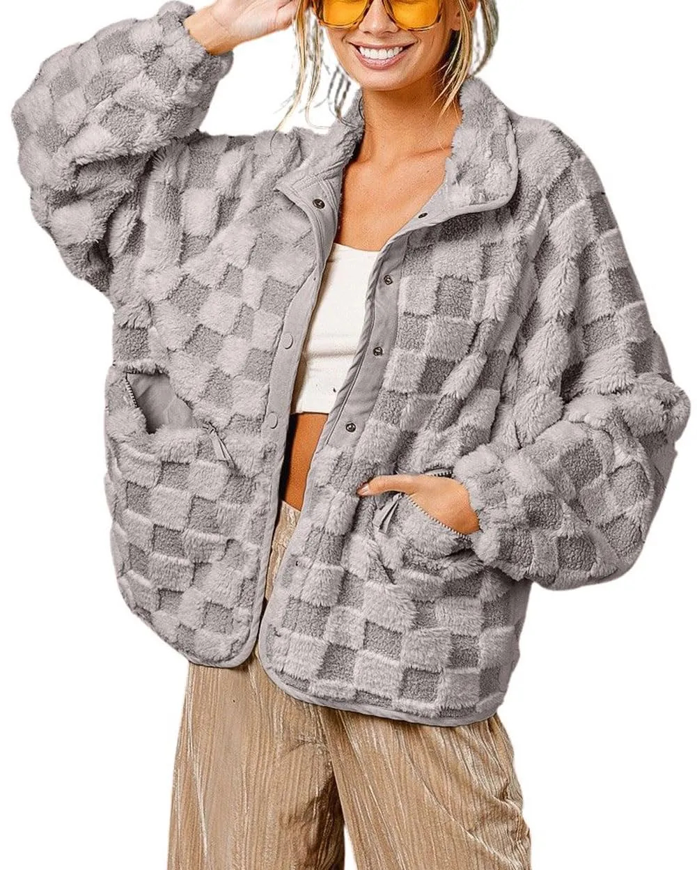 Women's Winter Casual Checkered Fleece Sherpa Jacket