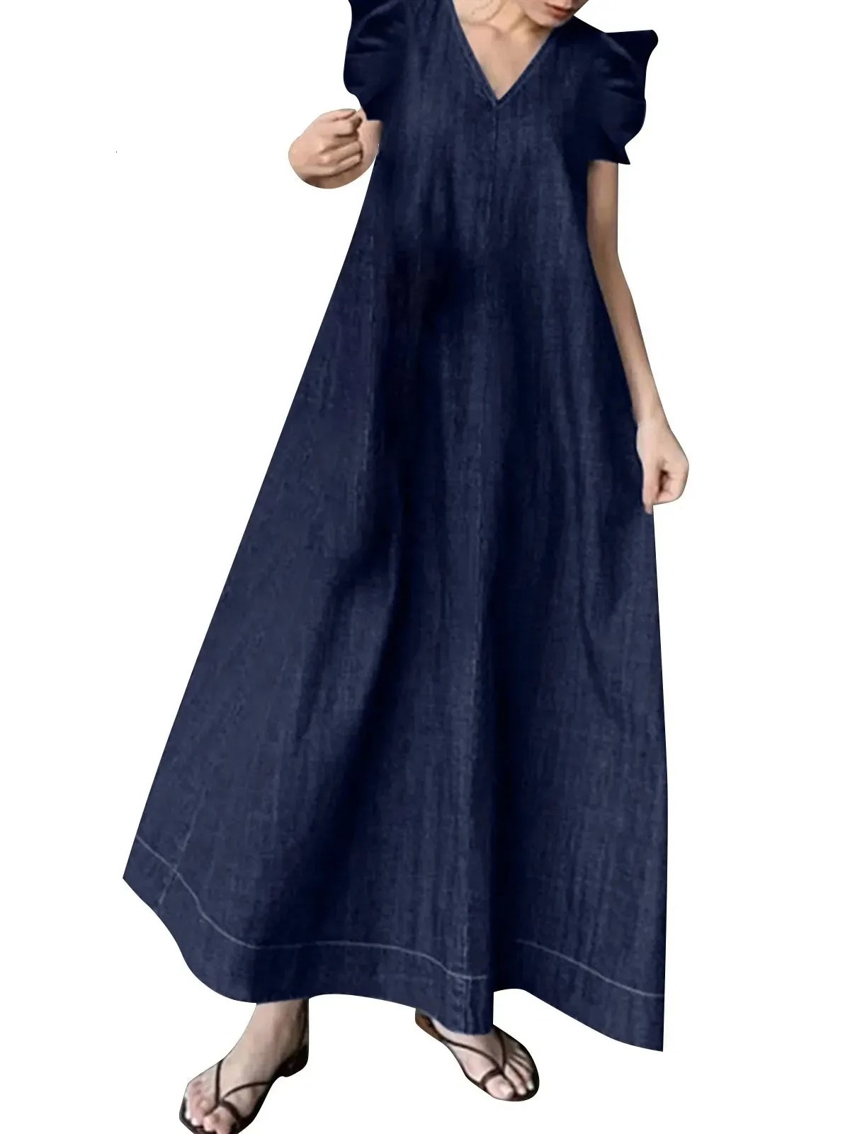 HOT SALE Women's Casual Loose Fit Ruffle Sleeveless V-Neck Denim Maxi Dress