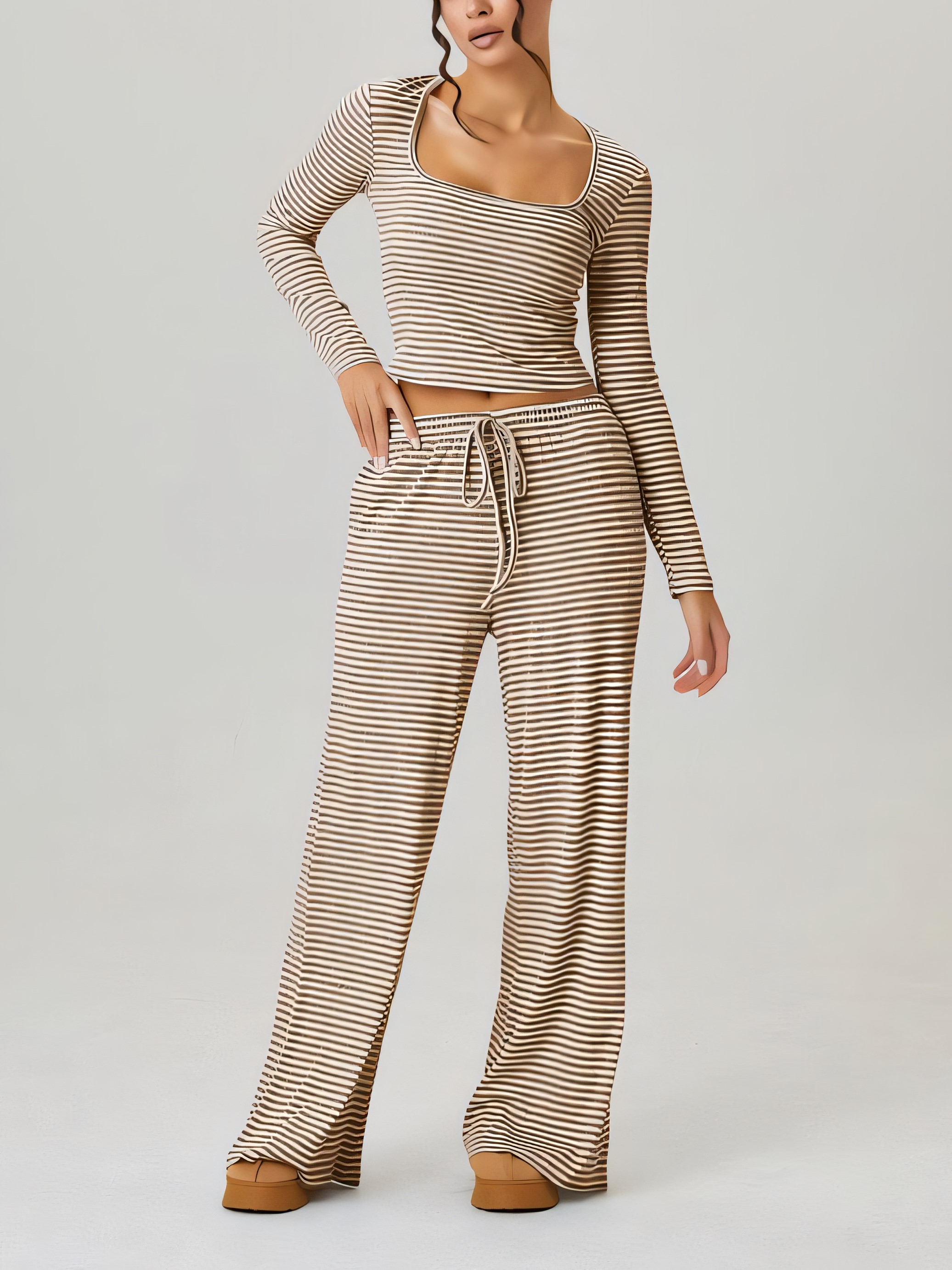 Women's Striped Square Neck Long Sleeve Top & Drawstring Pants Set