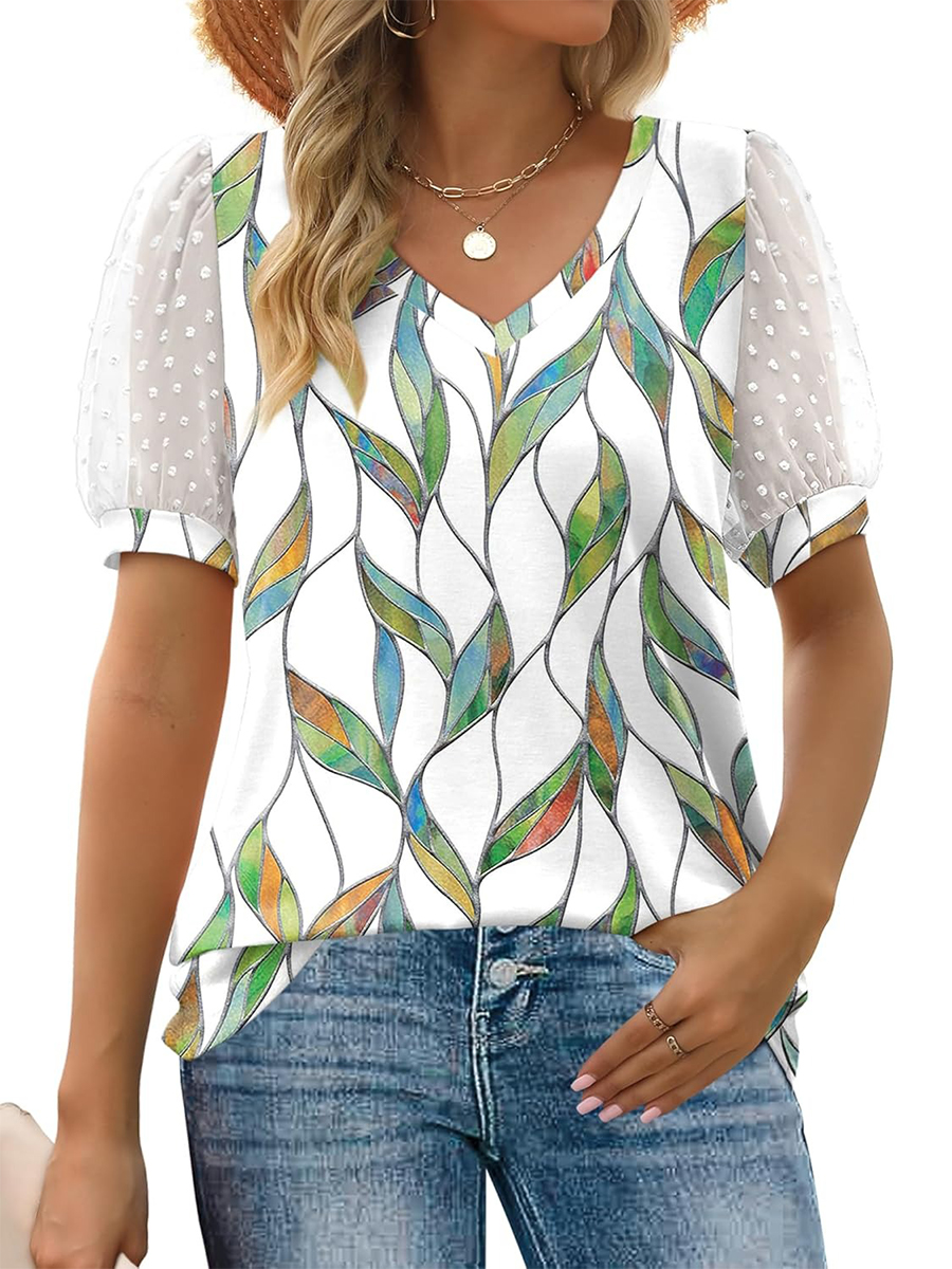 Women's Printed V Neck Swiss Dot Puff Sleeve Loose Casual T-Shirt