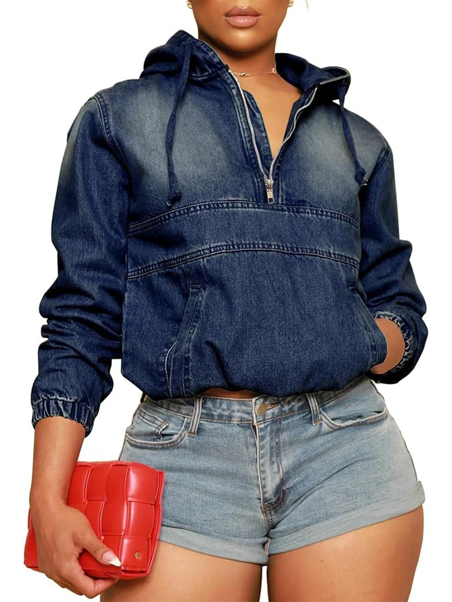 Women's Half Zip Denim Hoodie Pullover Jean Tops