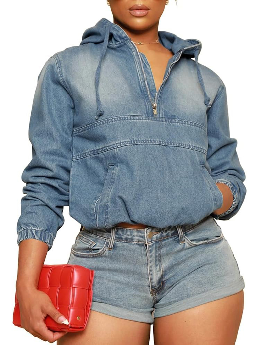 Women's Half Zip Denim Hoodie Pullover Jean Tops
