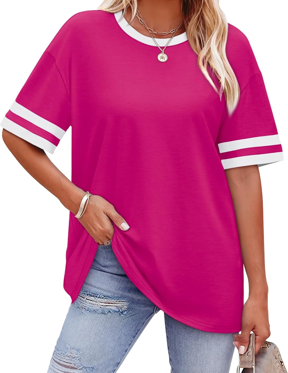 Women's Oversized Crew Neck Colorblock Striped Sleeve T-shirt