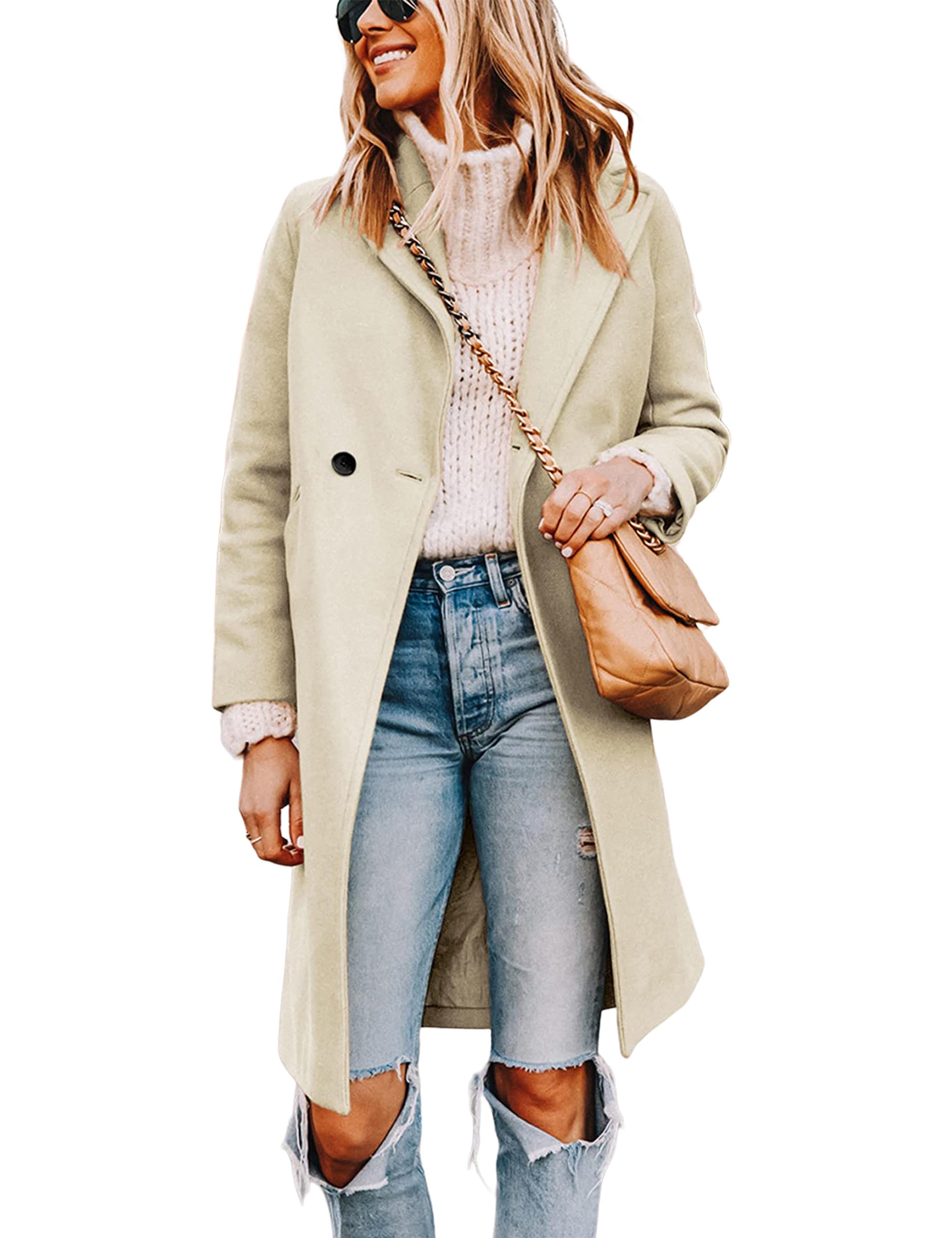 Women's Notch Lapel Double Breasted Wool Blend Mid Long Pea Trench Coat