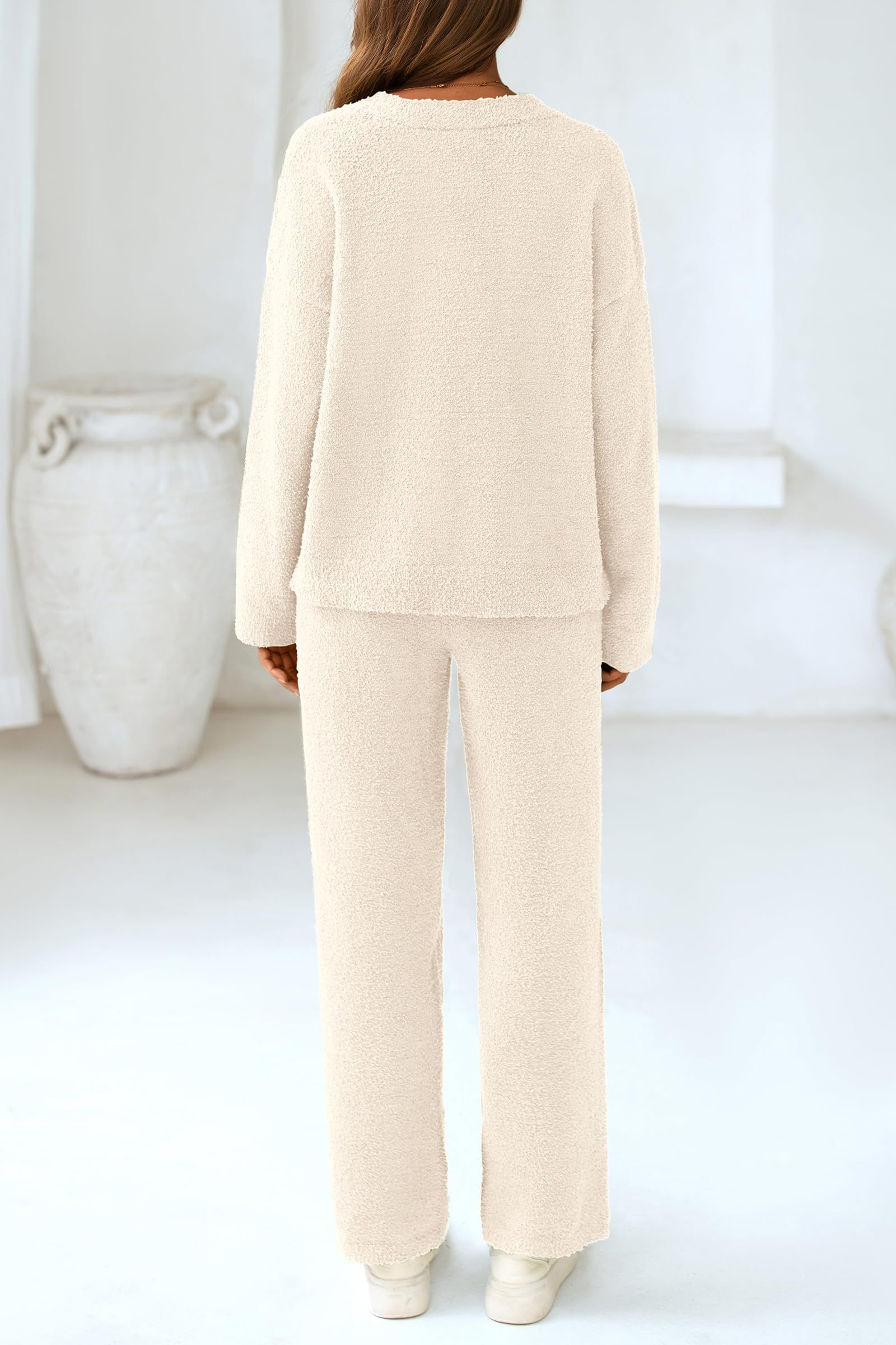 Women's 2 Piece Oversized V Neck Pullover Sweater Fuzzy Lounge Set