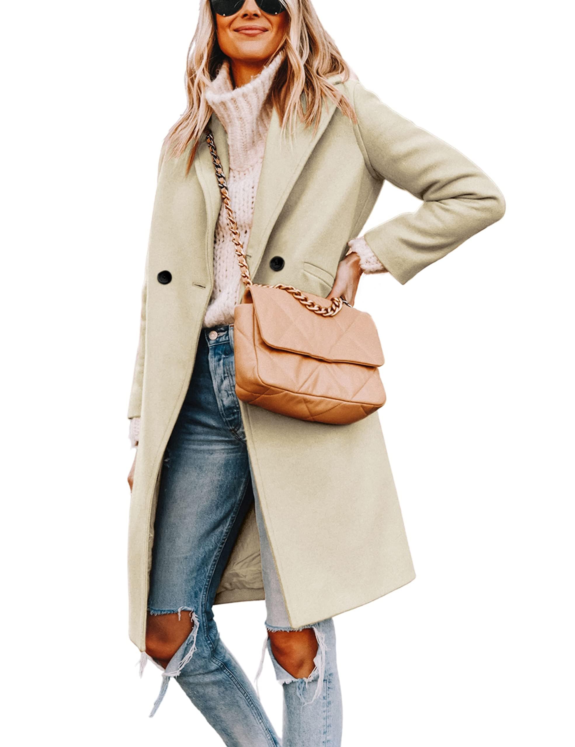 Women's Notch Lapel Double Breasted Wool Blend Mid Long Pea Trench Coat