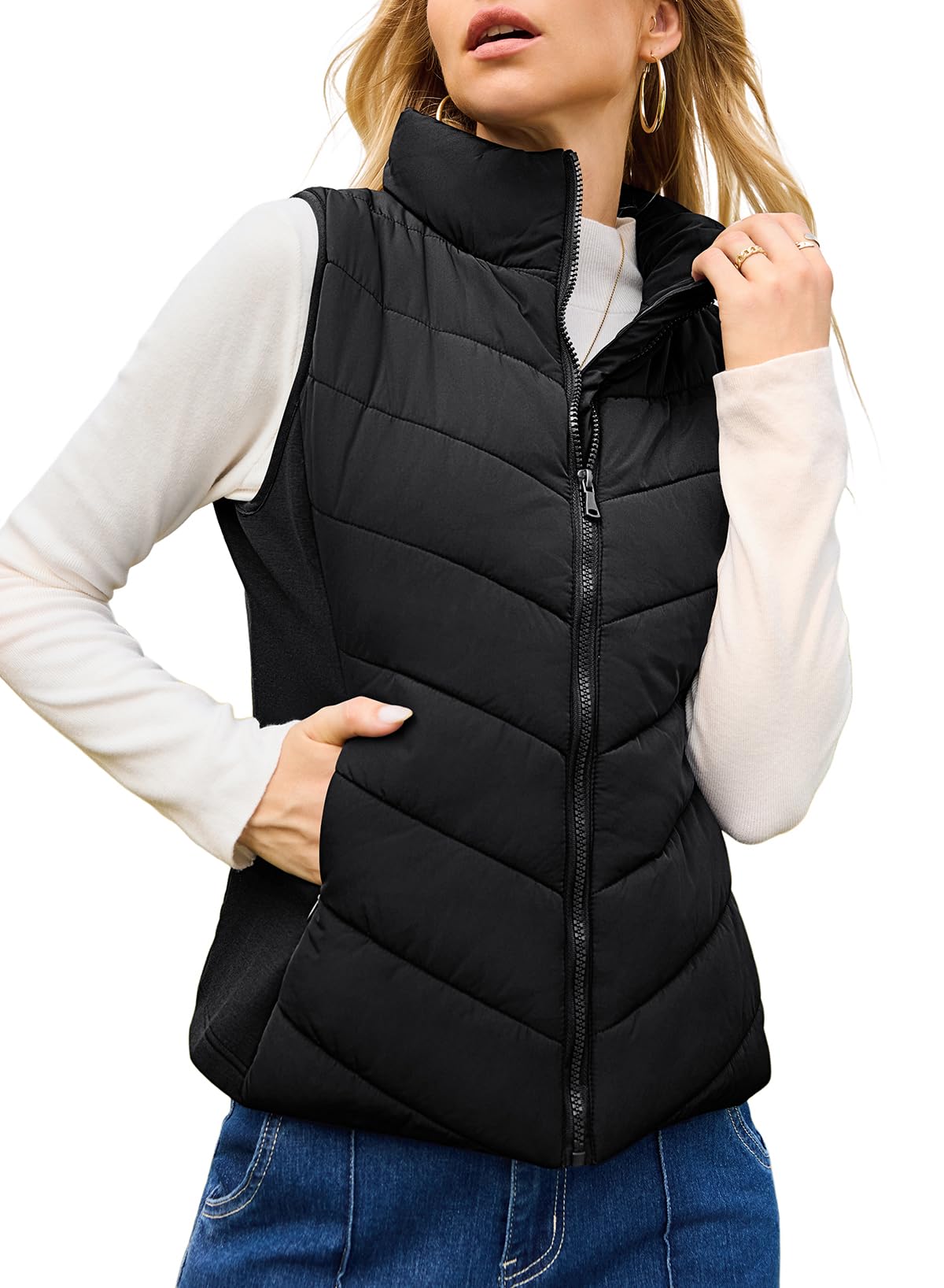 Womens Sleeveless Zip Up Stand Collar Quilted Vest