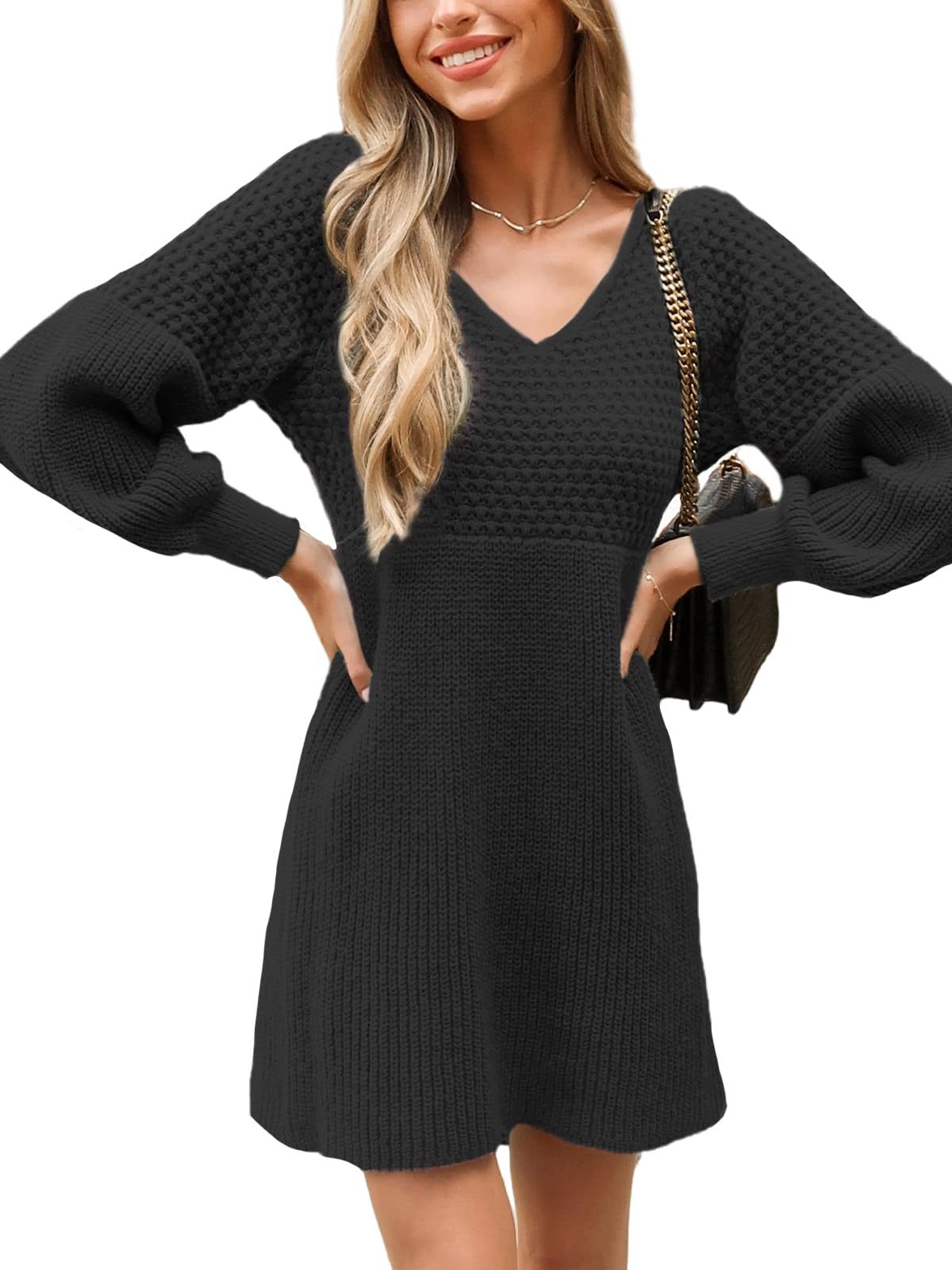 Women's V Neck Honeycomb Long Sleeve Textured Sweater Dress