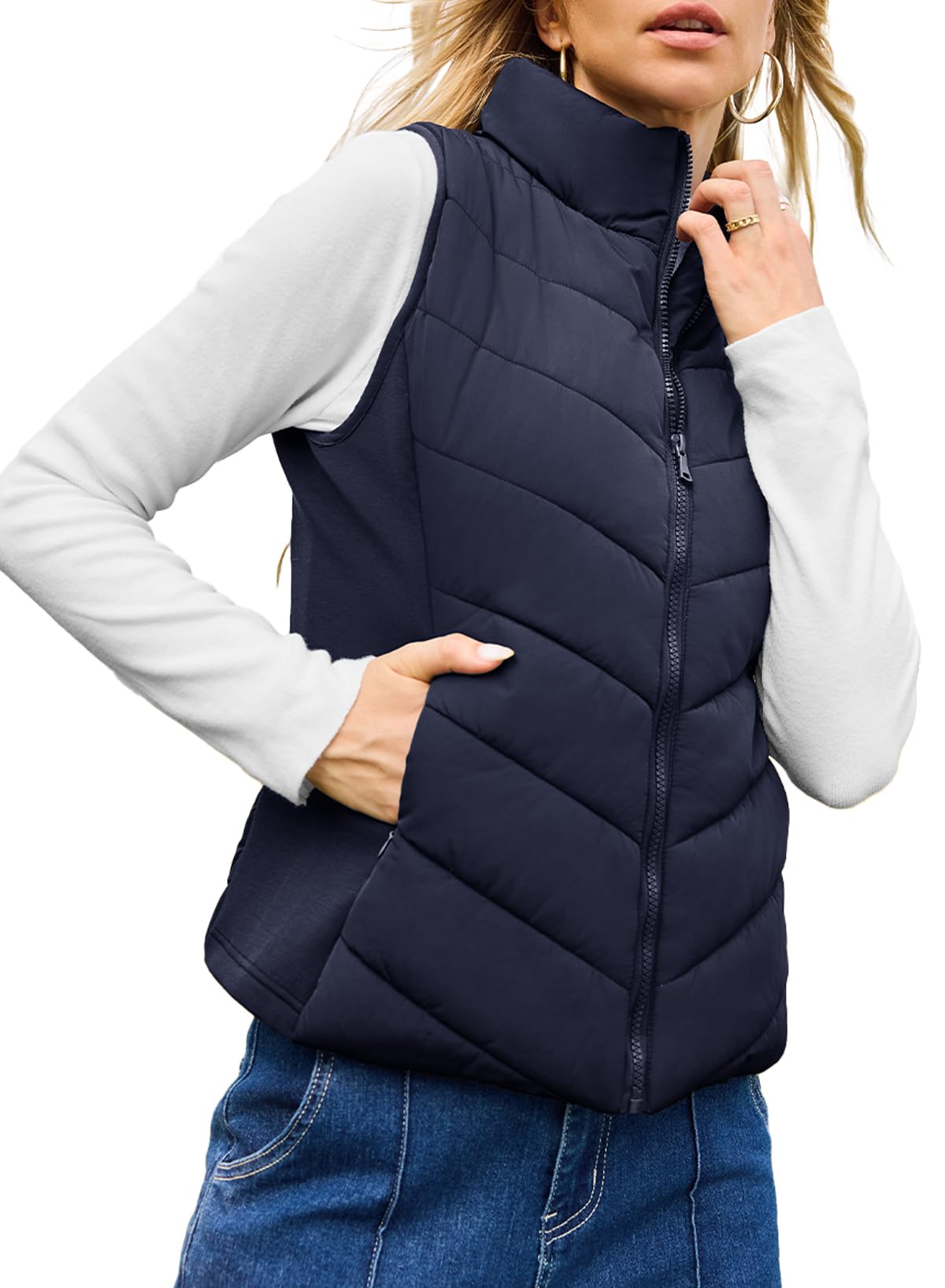 Womens Sleeveless Zip Up Stand Collar Quilted Vest