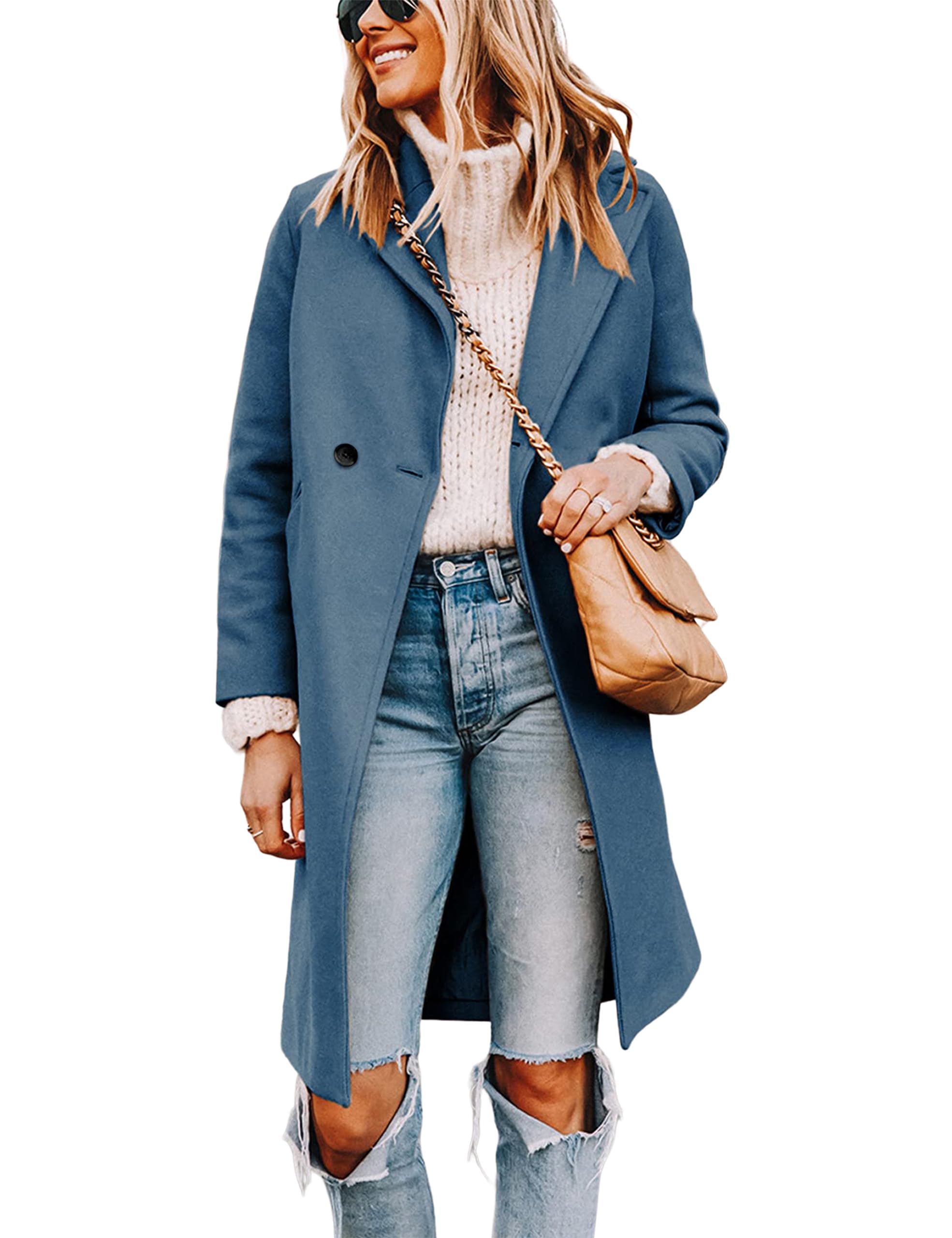 Women's Notch Lapel Double Breasted Wool Blend Mid Long Pea Trench Coat