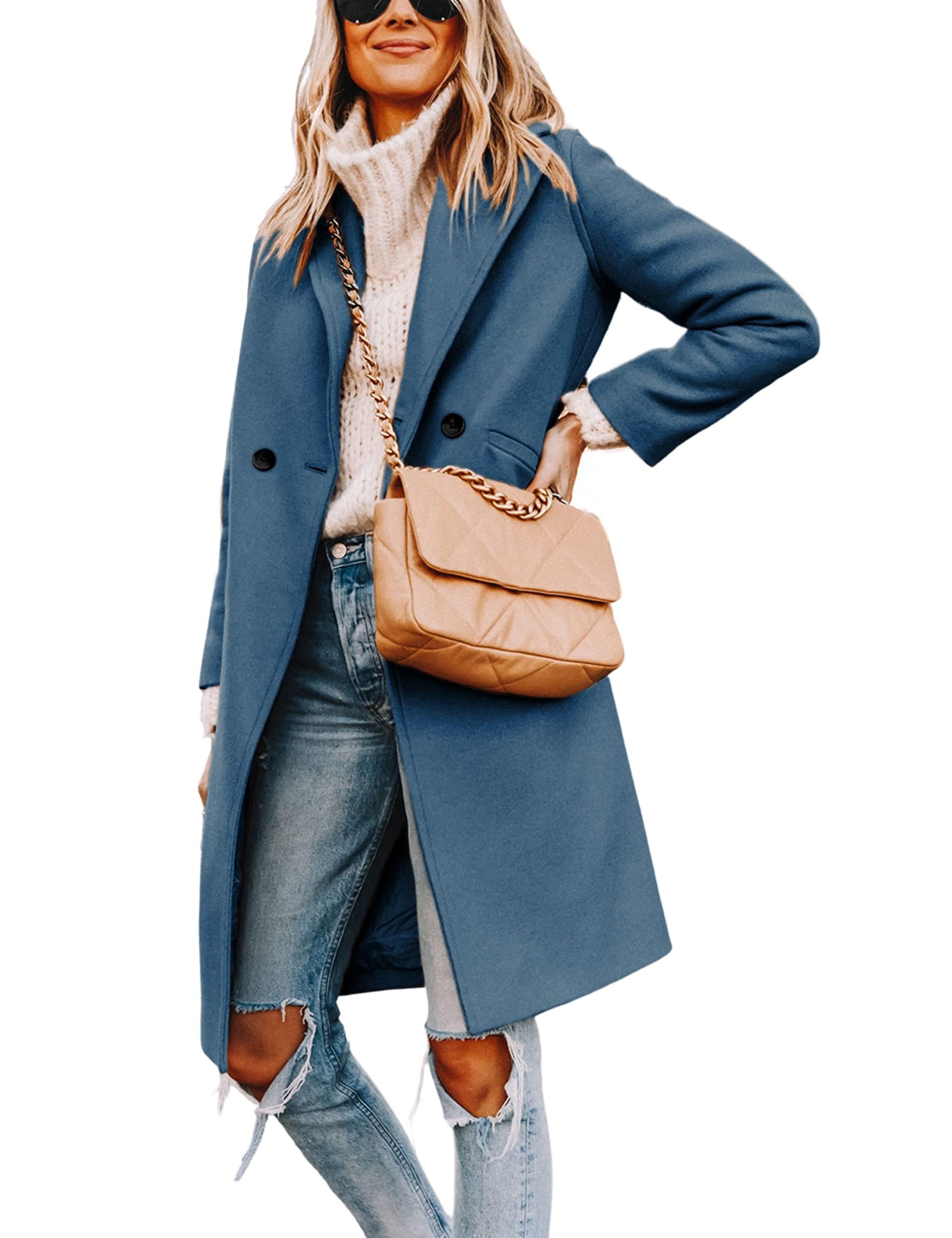 Women's Notch Lapel Double Breasted Wool Blend Mid Long Pea Trench Coat