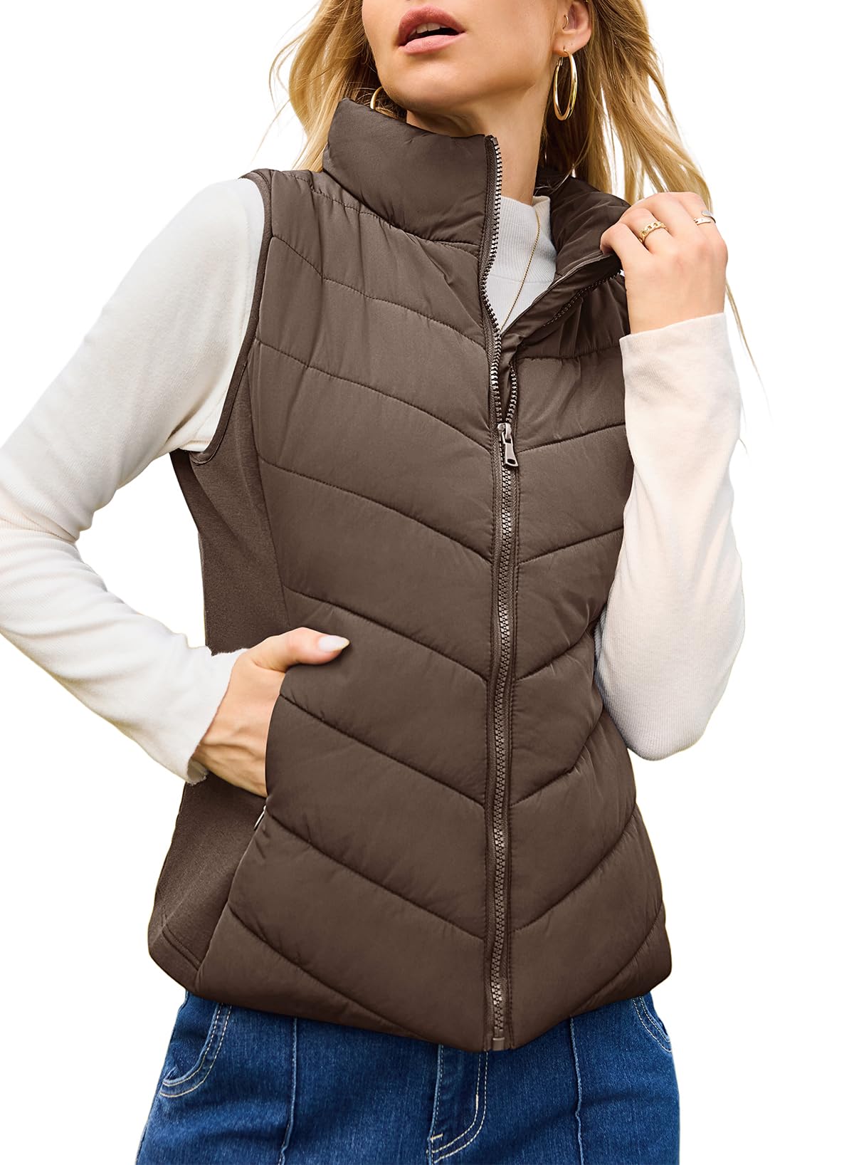 Womens Sleeveless Zip Up Stand Collar Quilted Vest