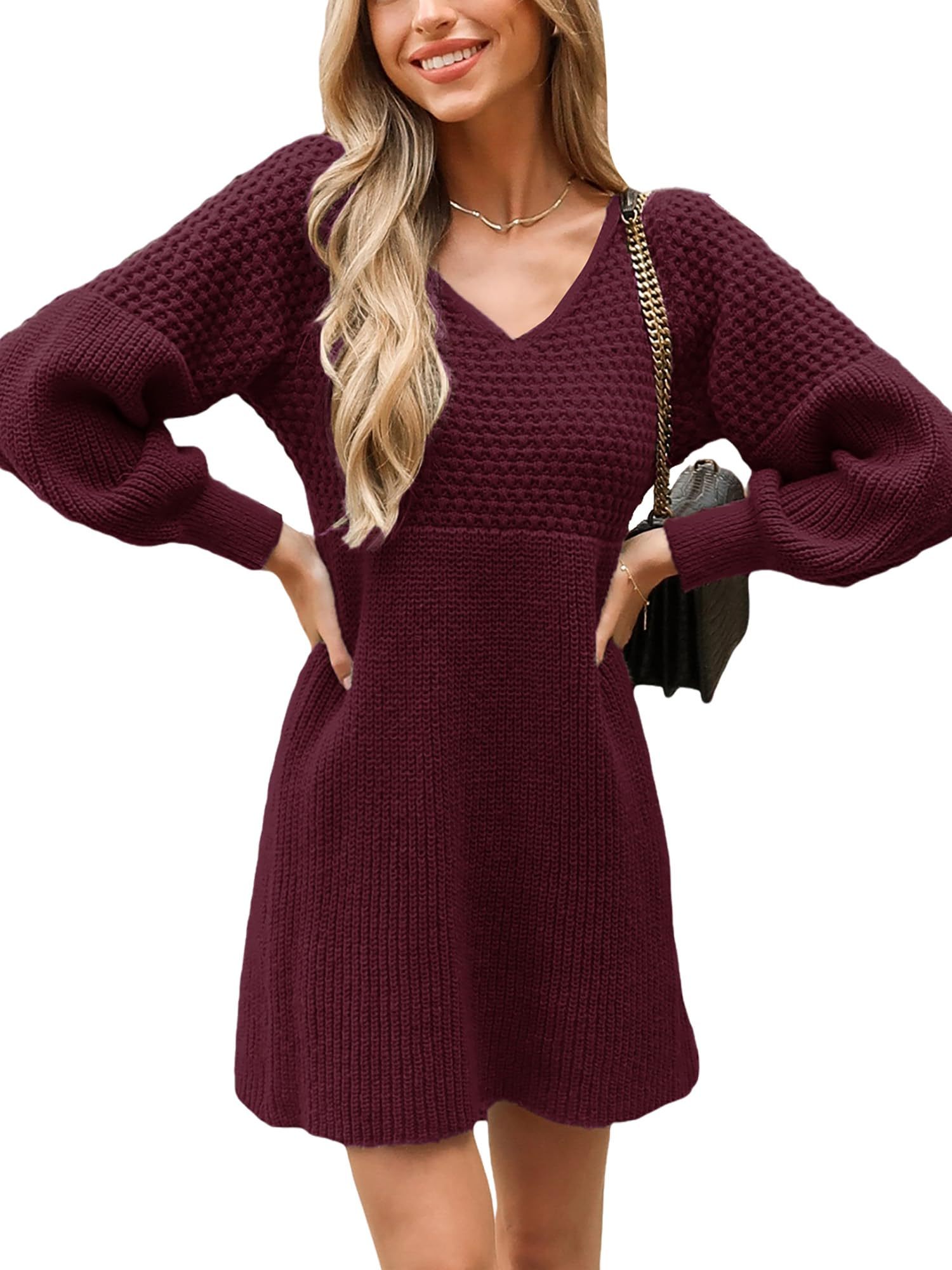 Women's V Neck Honeycomb Long Sleeve Textured Sweater Dress