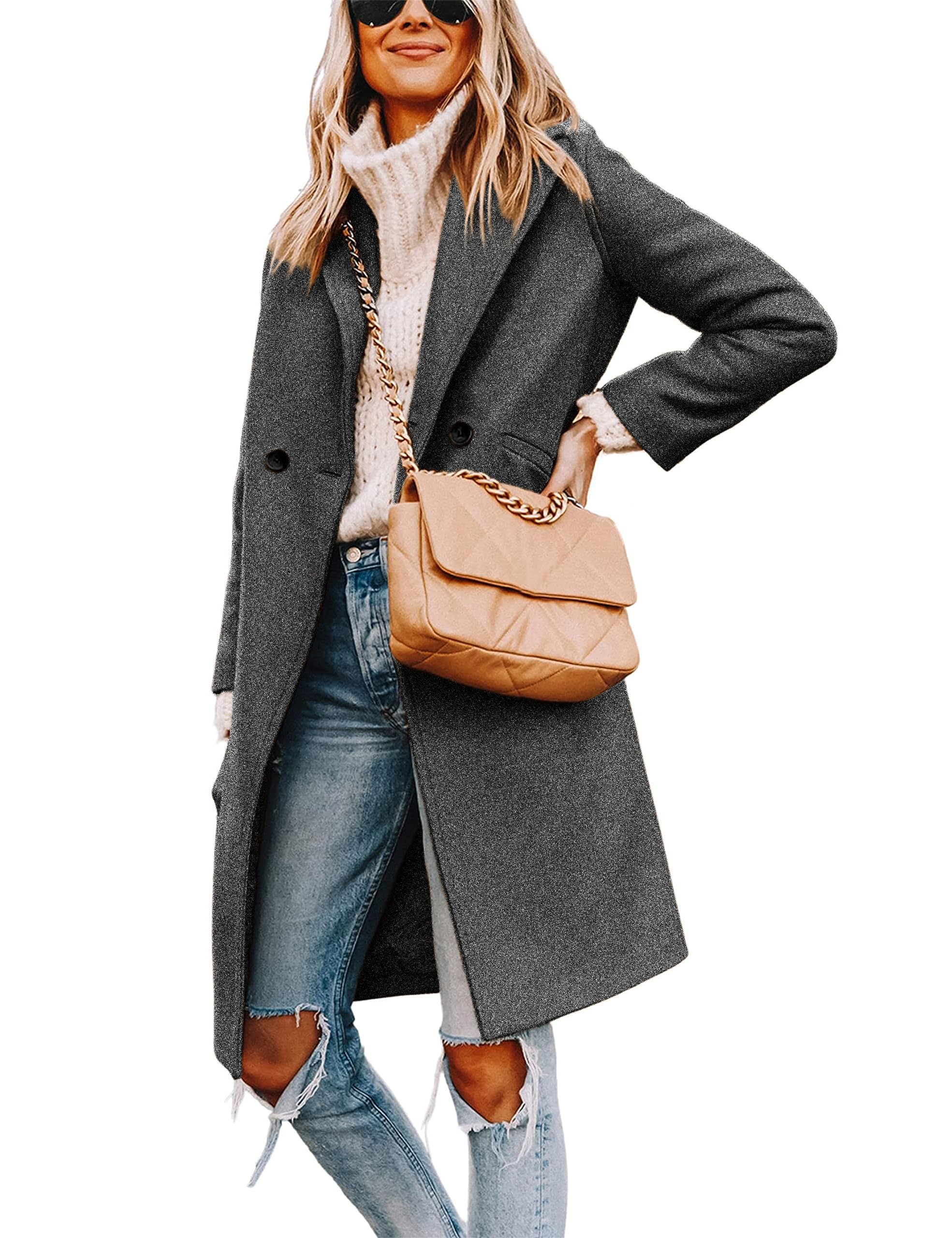 Women's Notch Lapel Double Breasted Wool Blend Mid Long Pea Trench Coat