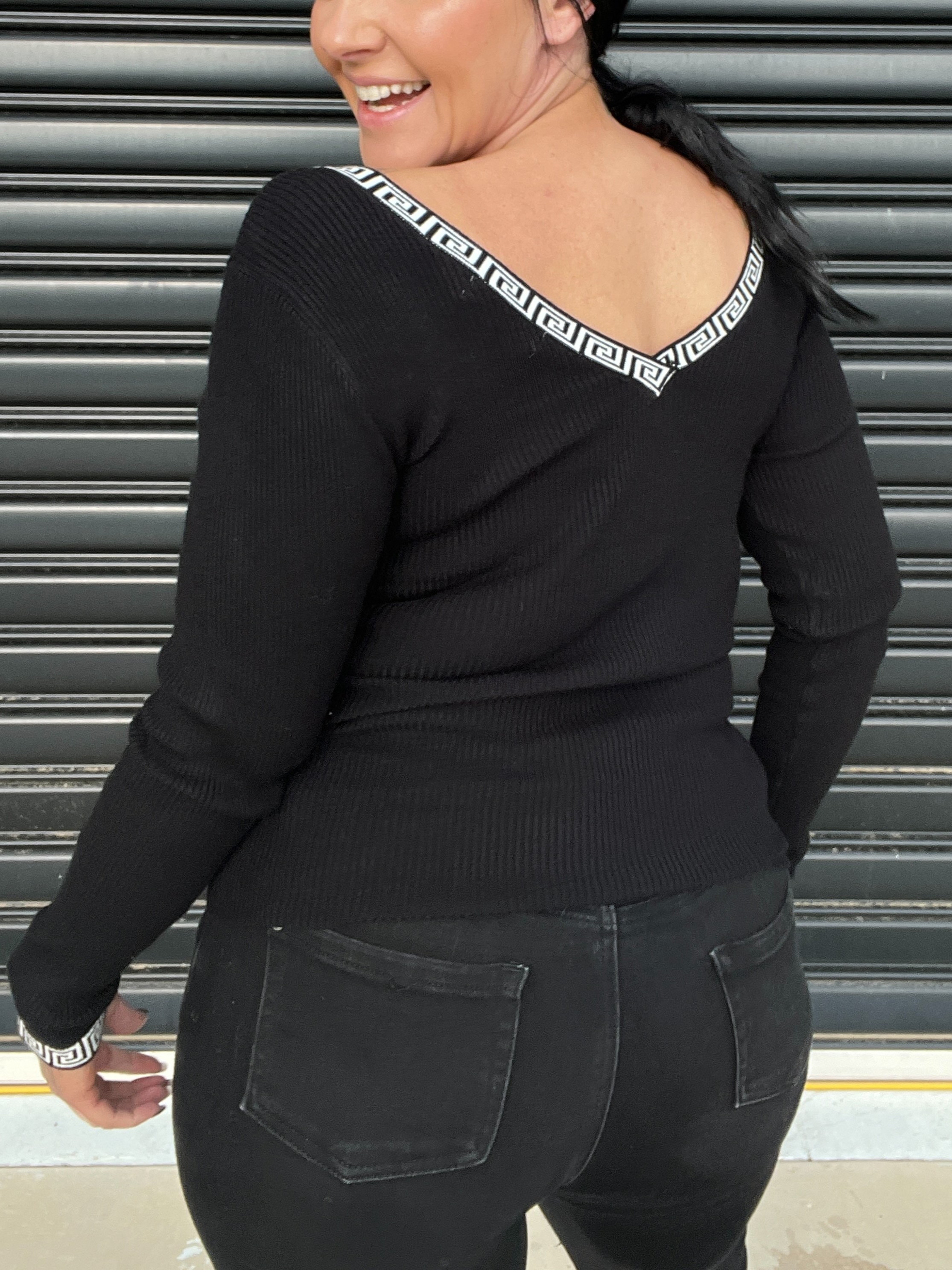 Deep V Neck Fitted Long Sleeve Geometric Trim Top