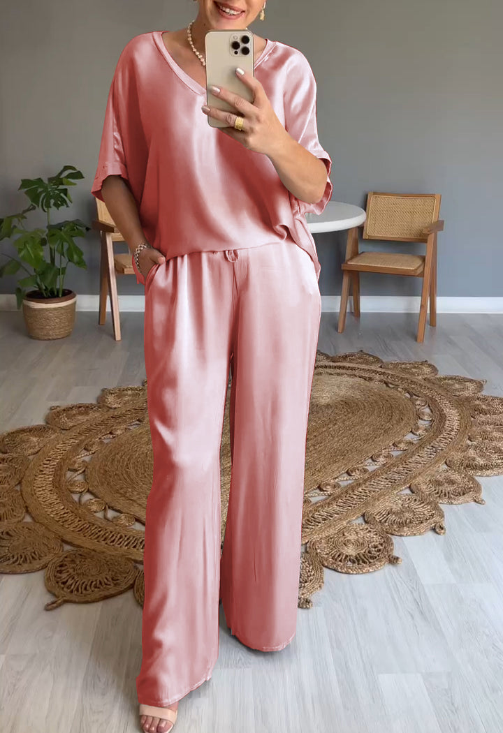 HOT SALE V-neck Satin Top and Wide Leg Two-piece Set