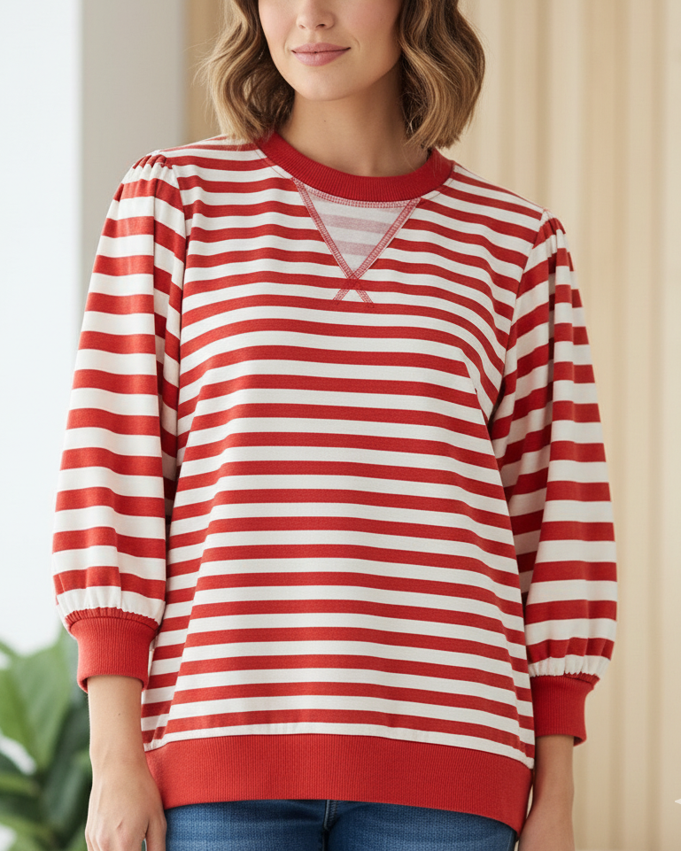 Women's Striped Puff Sleeve Sporty Round Neck Sweatshirt