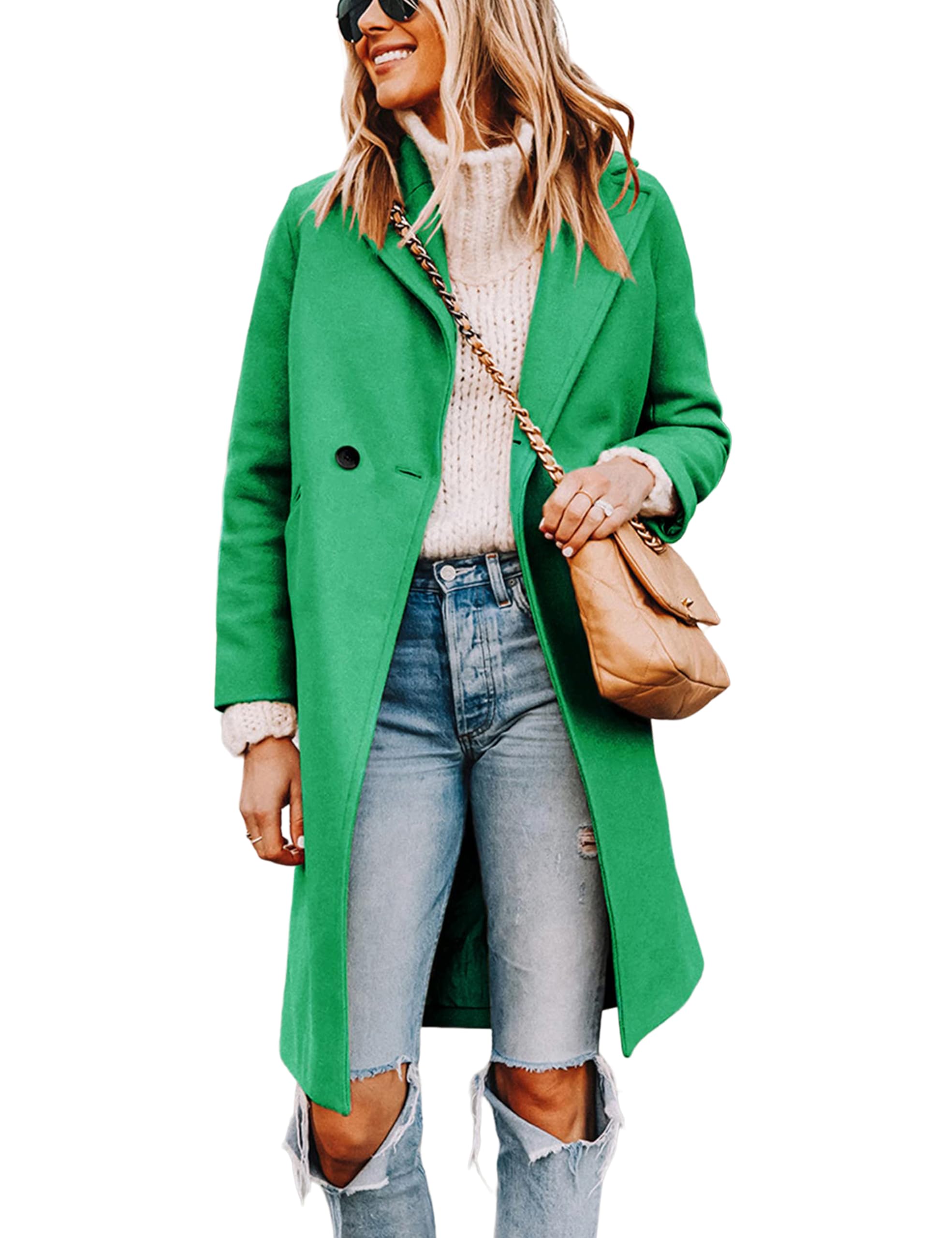 Women's Notch Lapel Double Breasted Wool Blend Mid Long Pea Trench Coat