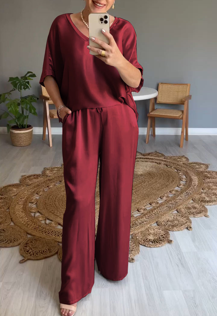 HOT SALE V-neck Satin Top and Wide Leg Two-piece Set