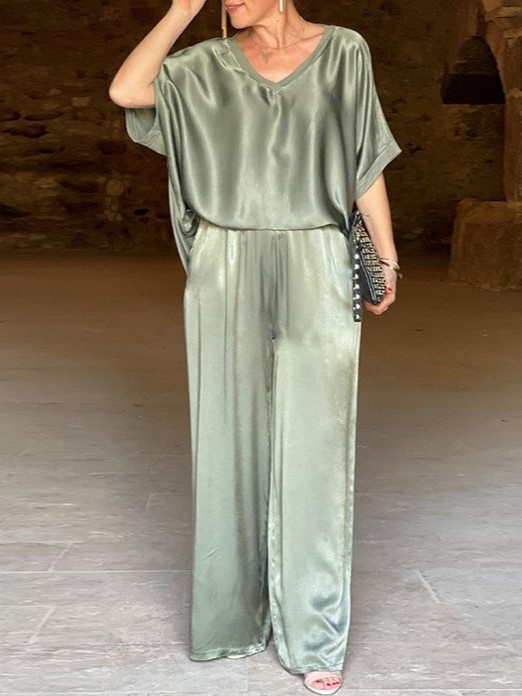 HOT SALE V-neck Satin Top and Wide Leg Two-piece Set