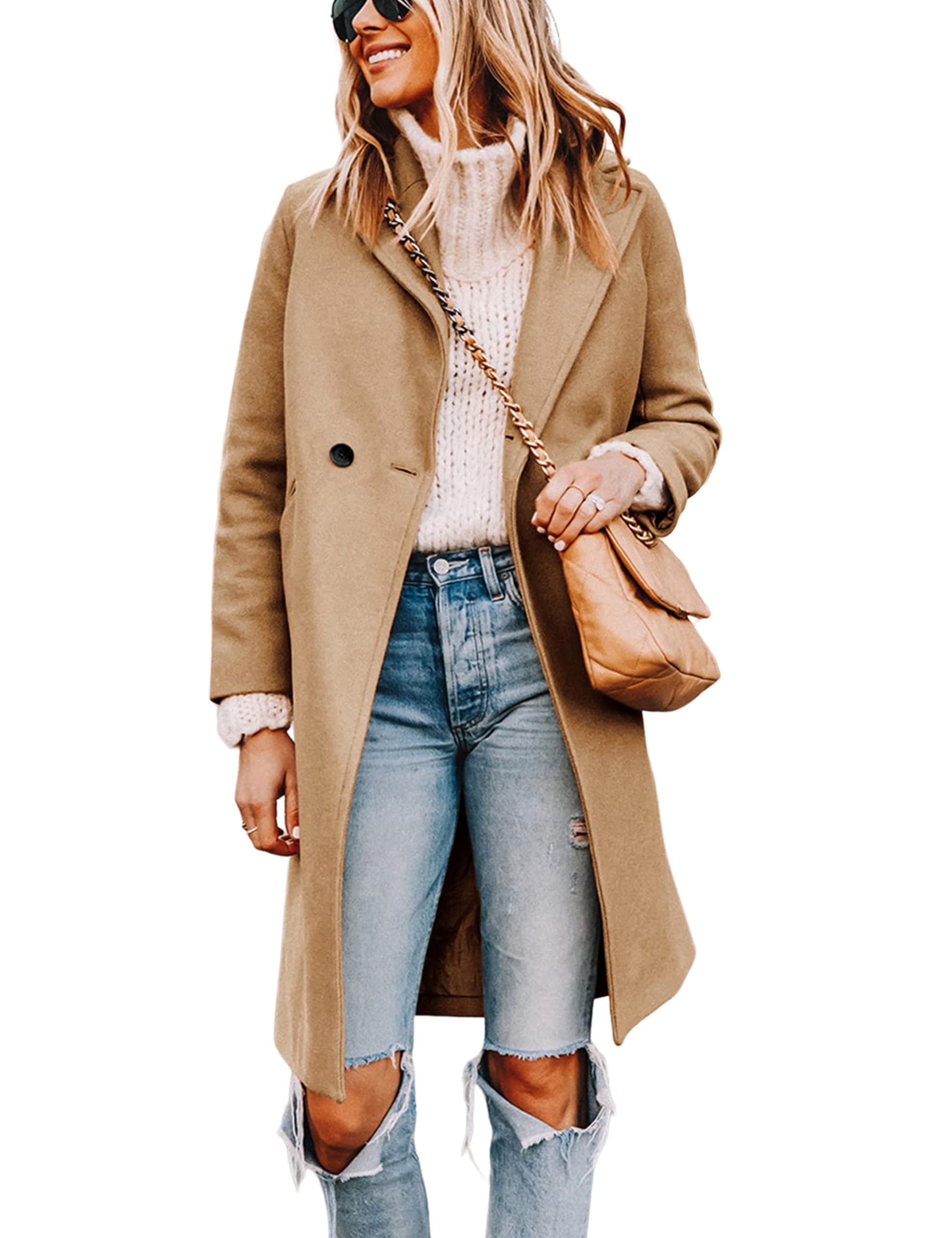 Women's Notch Lapel Double Breasted Wool Blend Mid Long Pea Trench Coat
