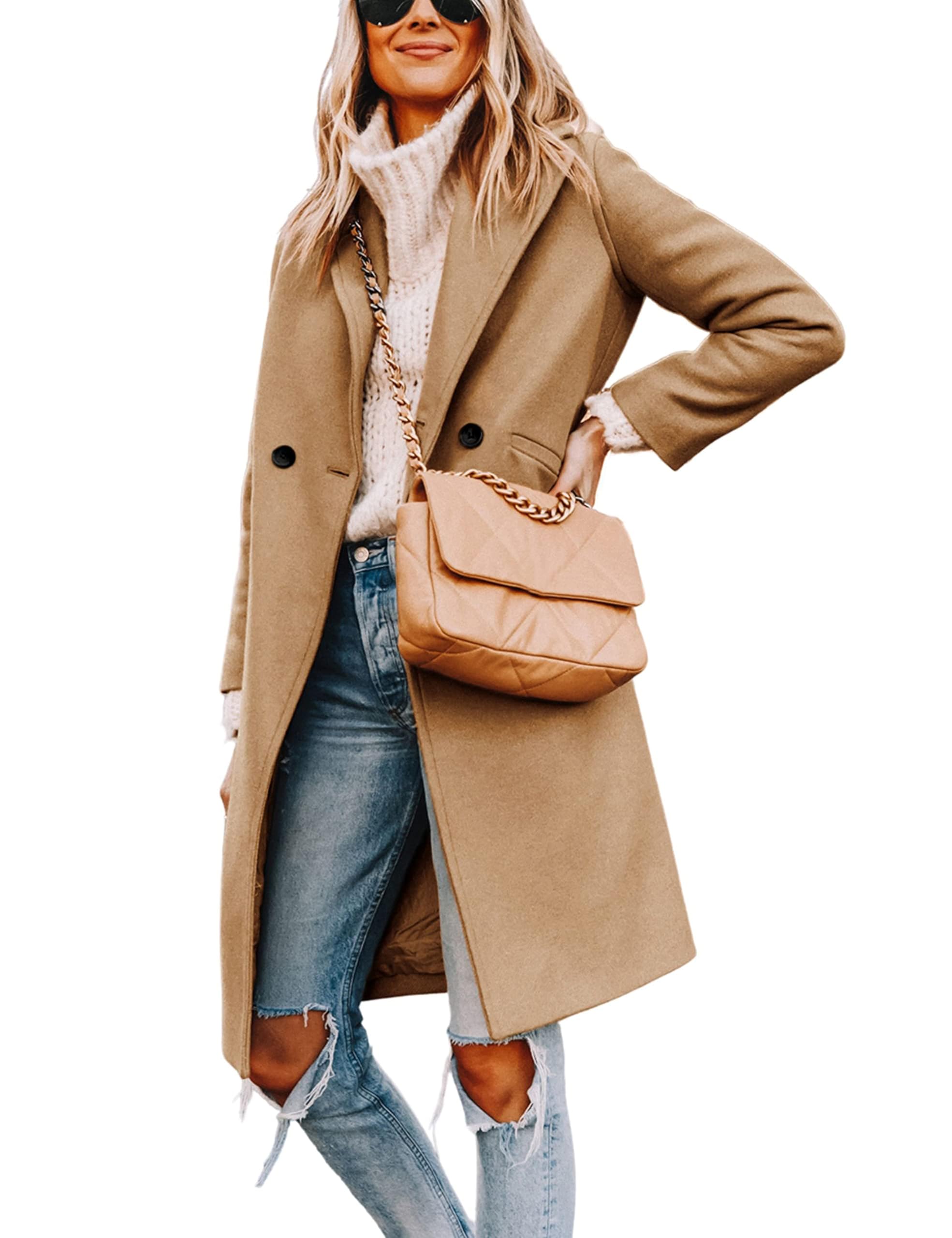Women's Notch Lapel Double Breasted Wool Blend Mid Long Pea Trench Coat