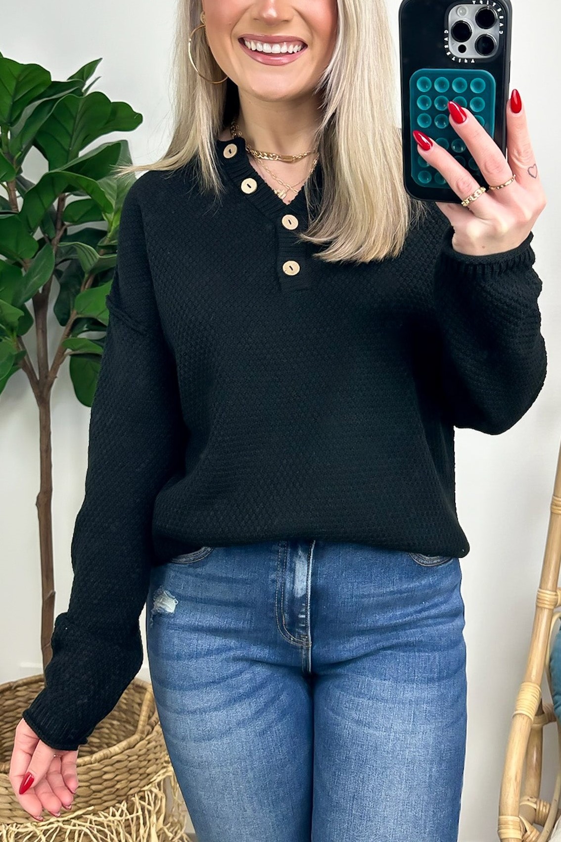 Half Button Henley Knit Sweater
