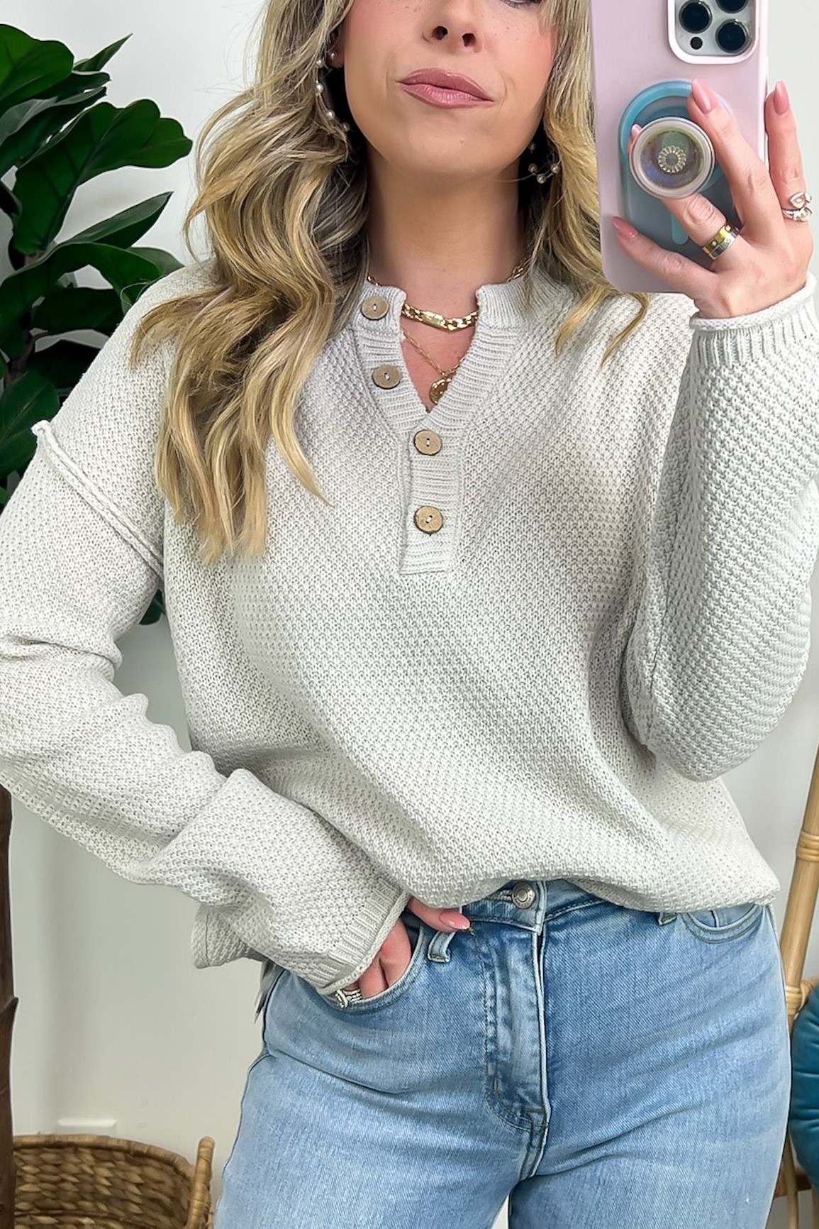 Half Button Henley Knit Sweater