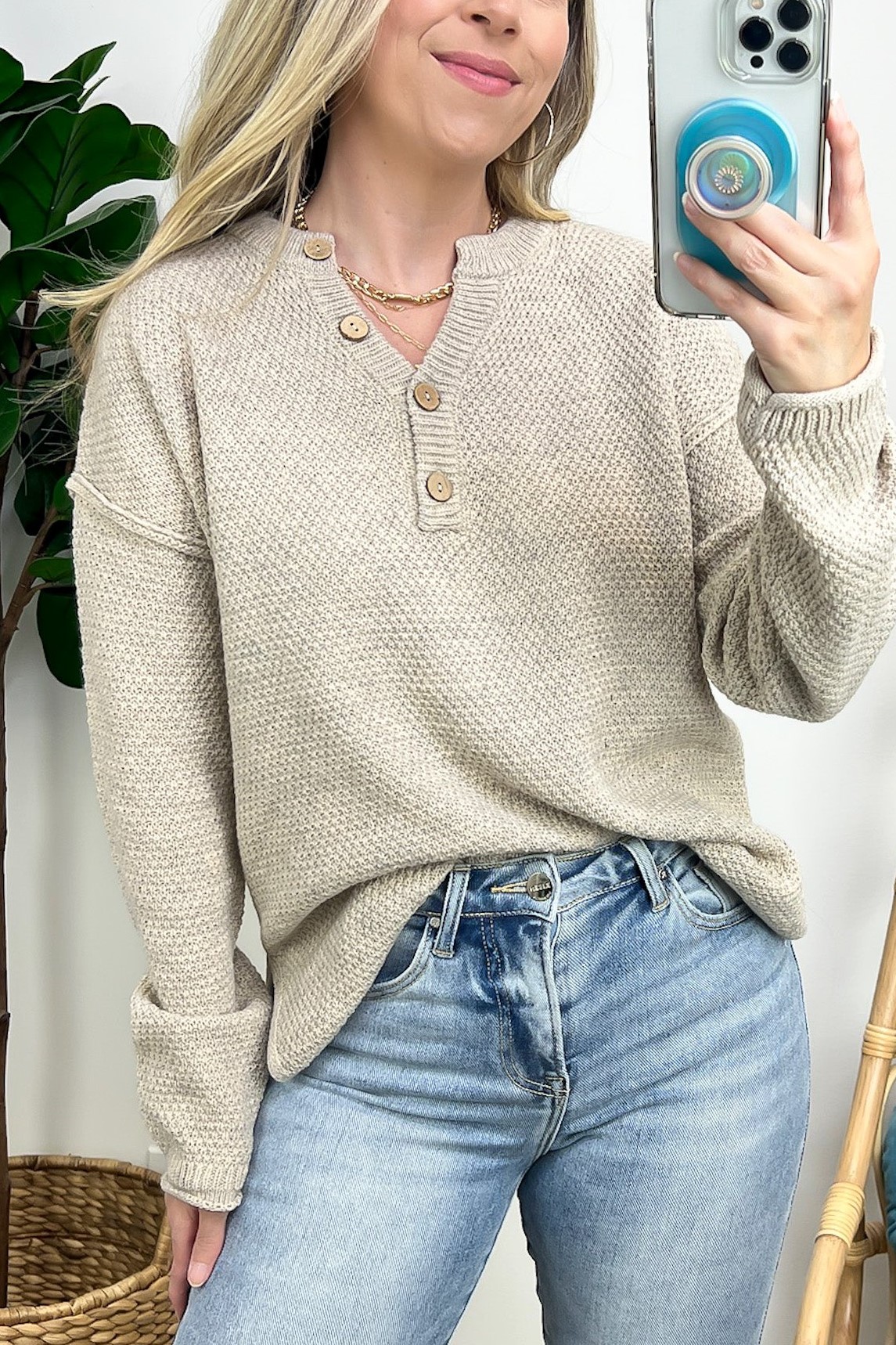 Half Button Henley Knit Sweater