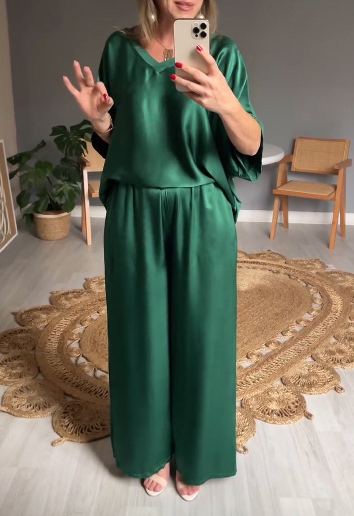HOT SALE V-neck Satin Top and Wide Leg Two-piece Set