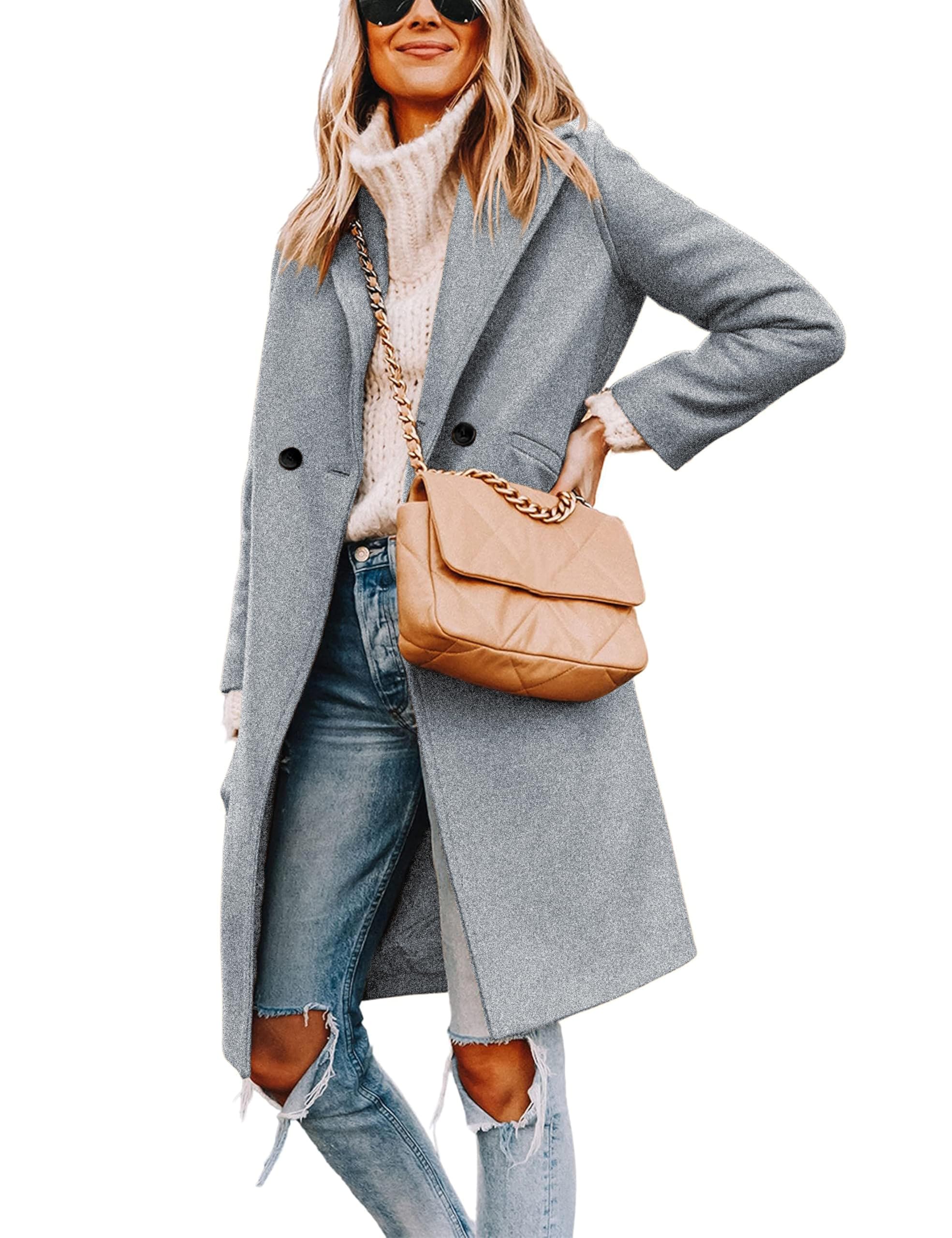 Women's Notch Lapel Double Breasted Wool Blend Mid Long Pea Trench Coat