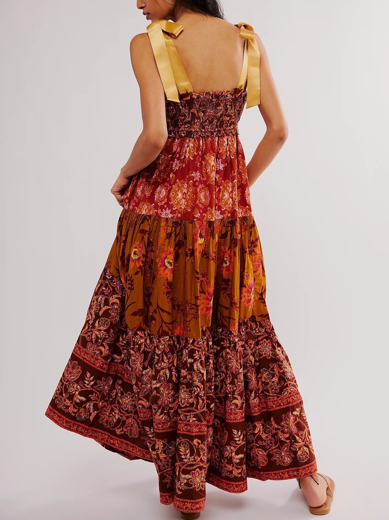 Women's Flowy Smocked Sleeveless Tie Shoulder Boho Maxi Dress