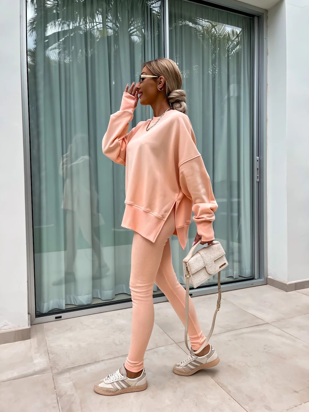 Comfy Loose Slit Sweatshirt and Elastic Waist Tight Pants Set