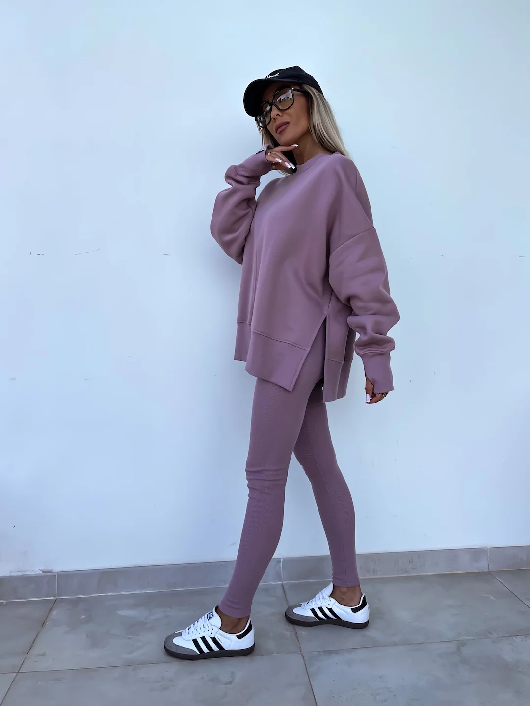 Comfy Loose Slit Sweatshirt and Elastic Waist Tight Pants Set