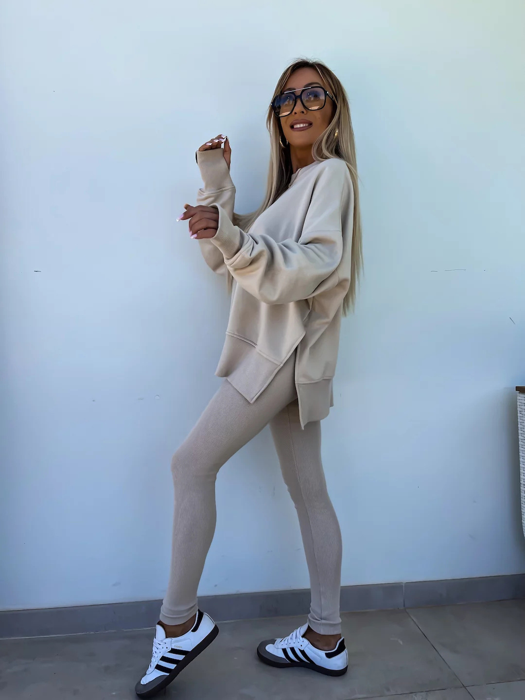 Comfy Loose Slit Sweatshirt and Elastic Waist Tight Pants Set