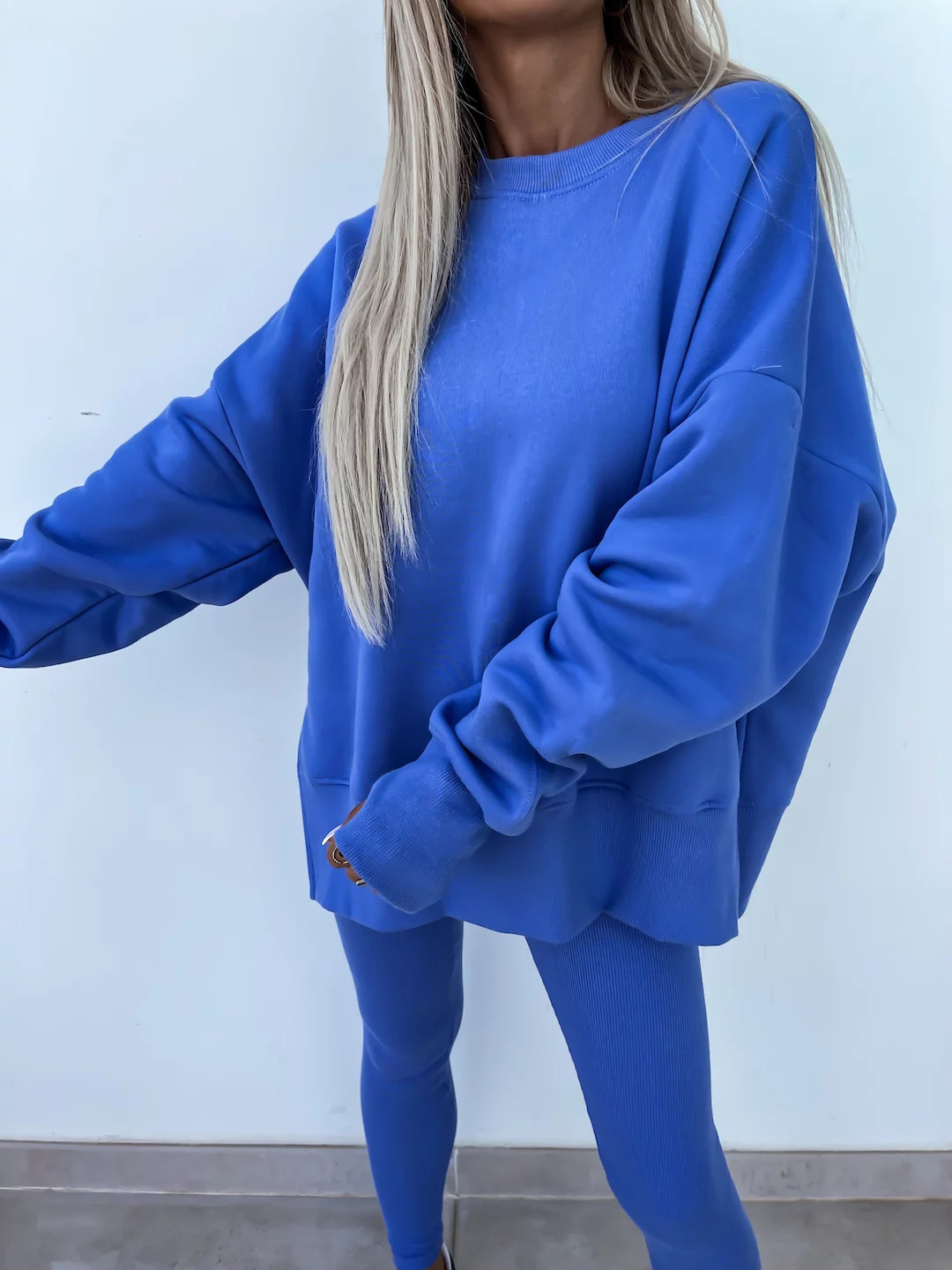 Comfy Loose Slit Sweatshirt and Elastic Waist Tight Pants Set
