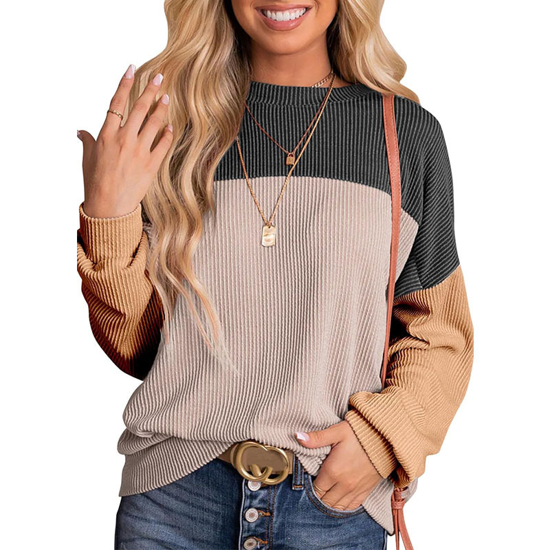 Womens Color Block Long Sleeve Crewneck Knitted Pullover Sweatshirt Tops