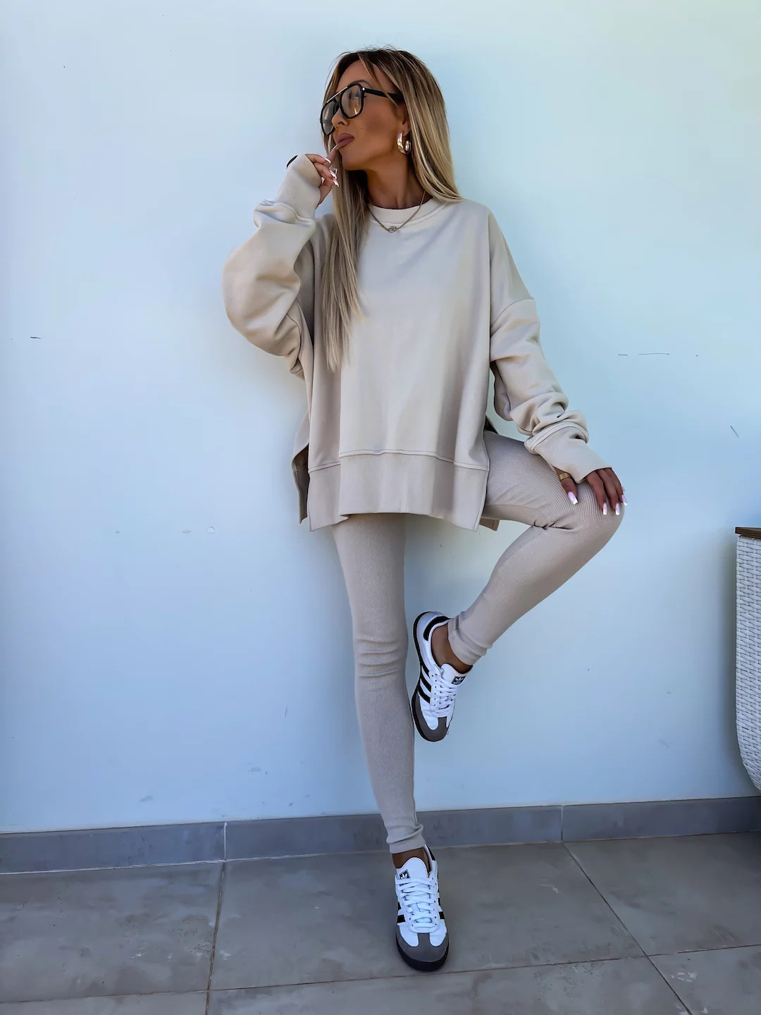 Comfy Loose Slit Sweatshirt and Elastic Waist Tight Pants Set