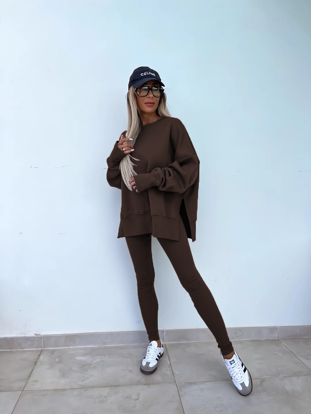 Comfy Loose Slit Sweatshirt and Elastic Waist Tight Pants Set