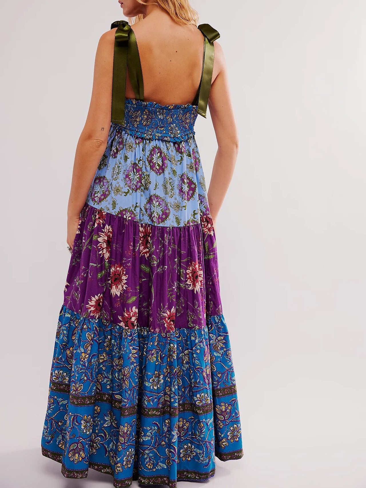 Women's Flowy Smocked Sleeveless Tie Shoulder Boho Maxi Dress