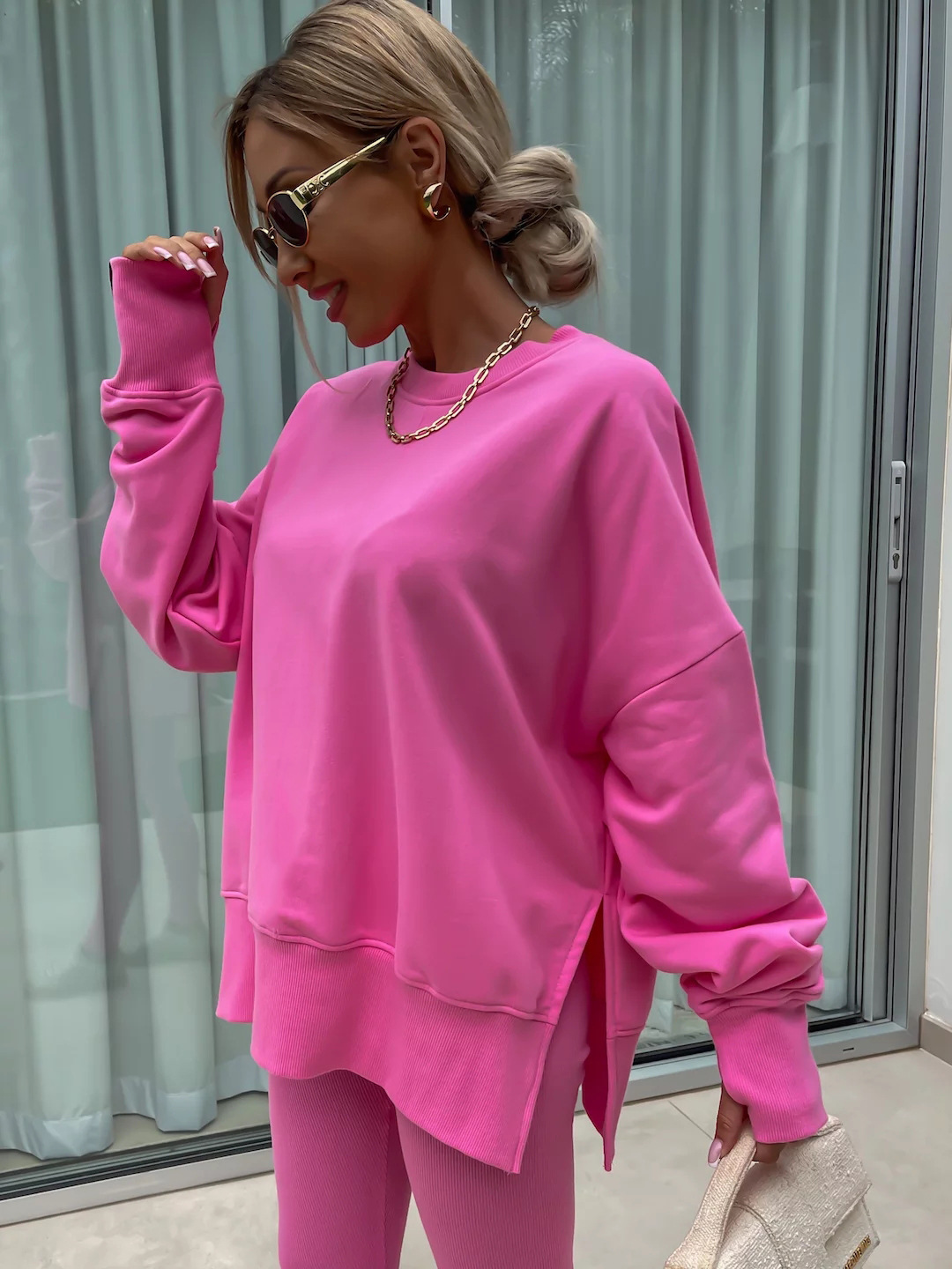 Comfy Loose Slit Sweatshirt and Elastic Waist Tight Pants Set